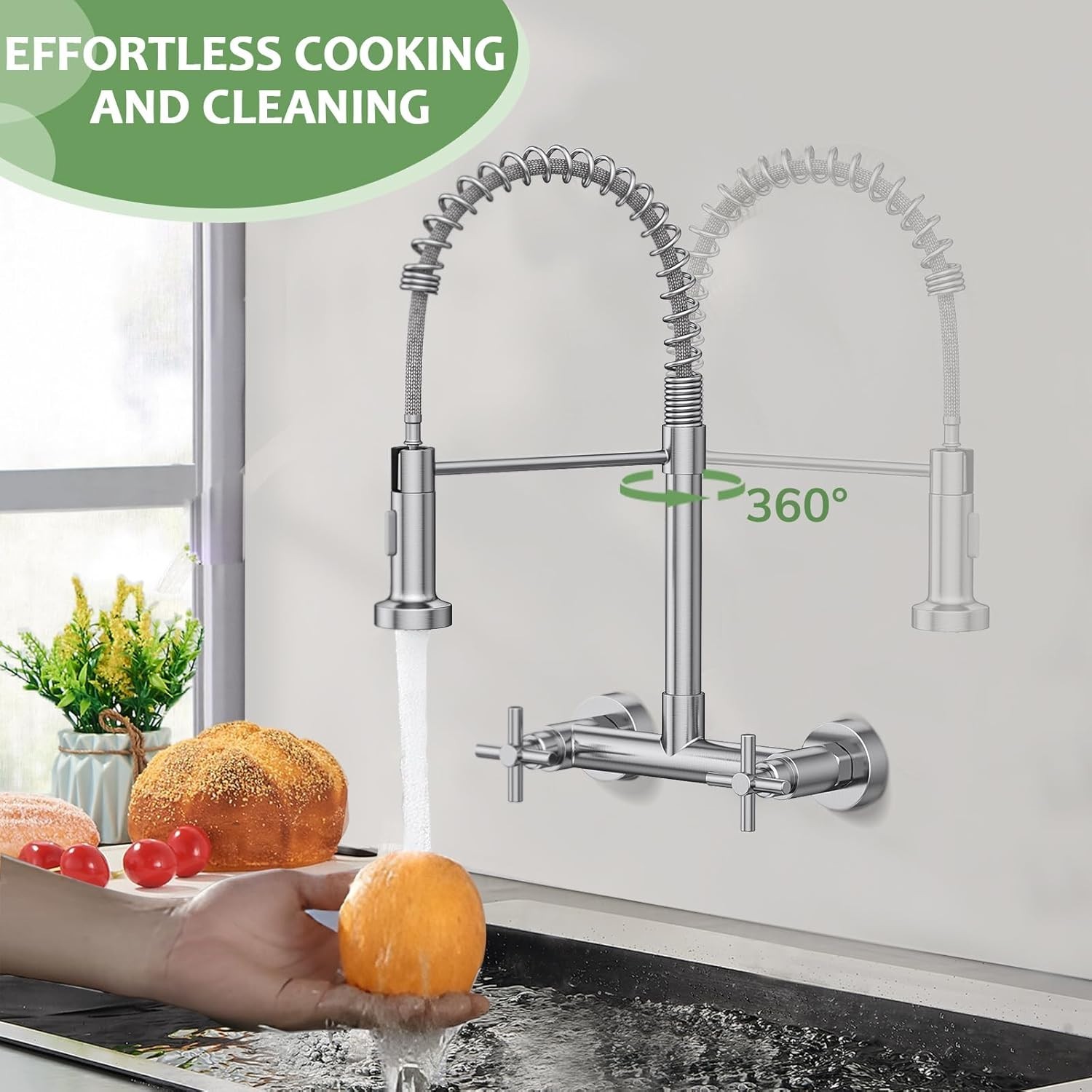 Commercial 8 Inch 2 Handle Wall Mount Kitchen Sink Faucet with Pull Down Sprayer