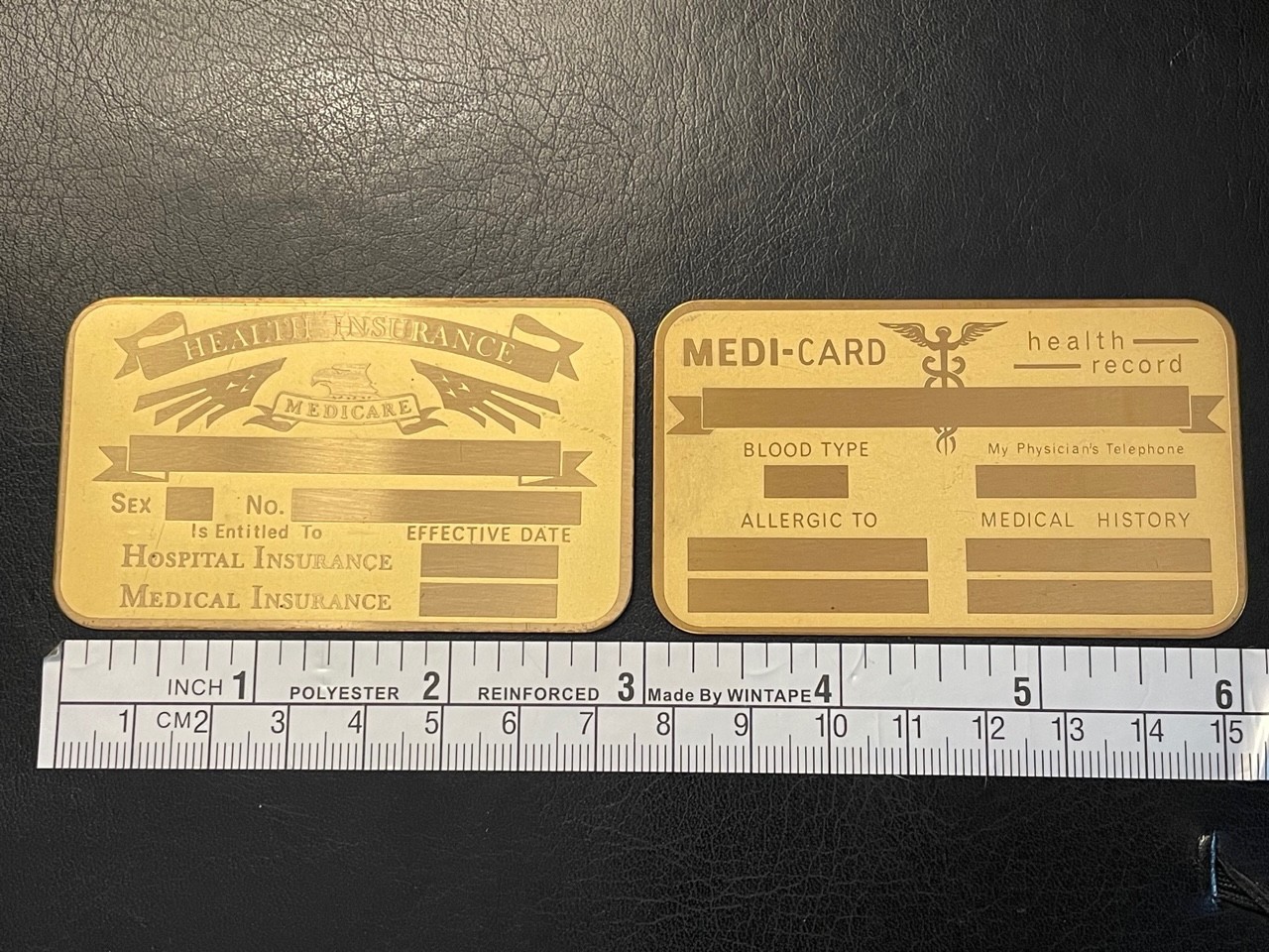 Two Retro Vintage Unused Brass Metal ID Card Blanks Medi-Card Health Insurance