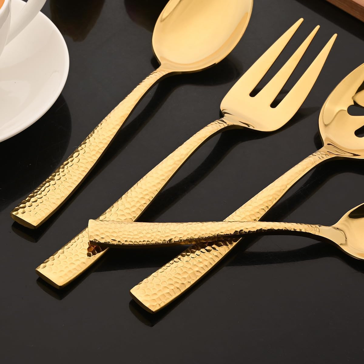 5-Piece Gold Hammered Flatware Hostess Set Stainless Steel Serving Fork Slotted