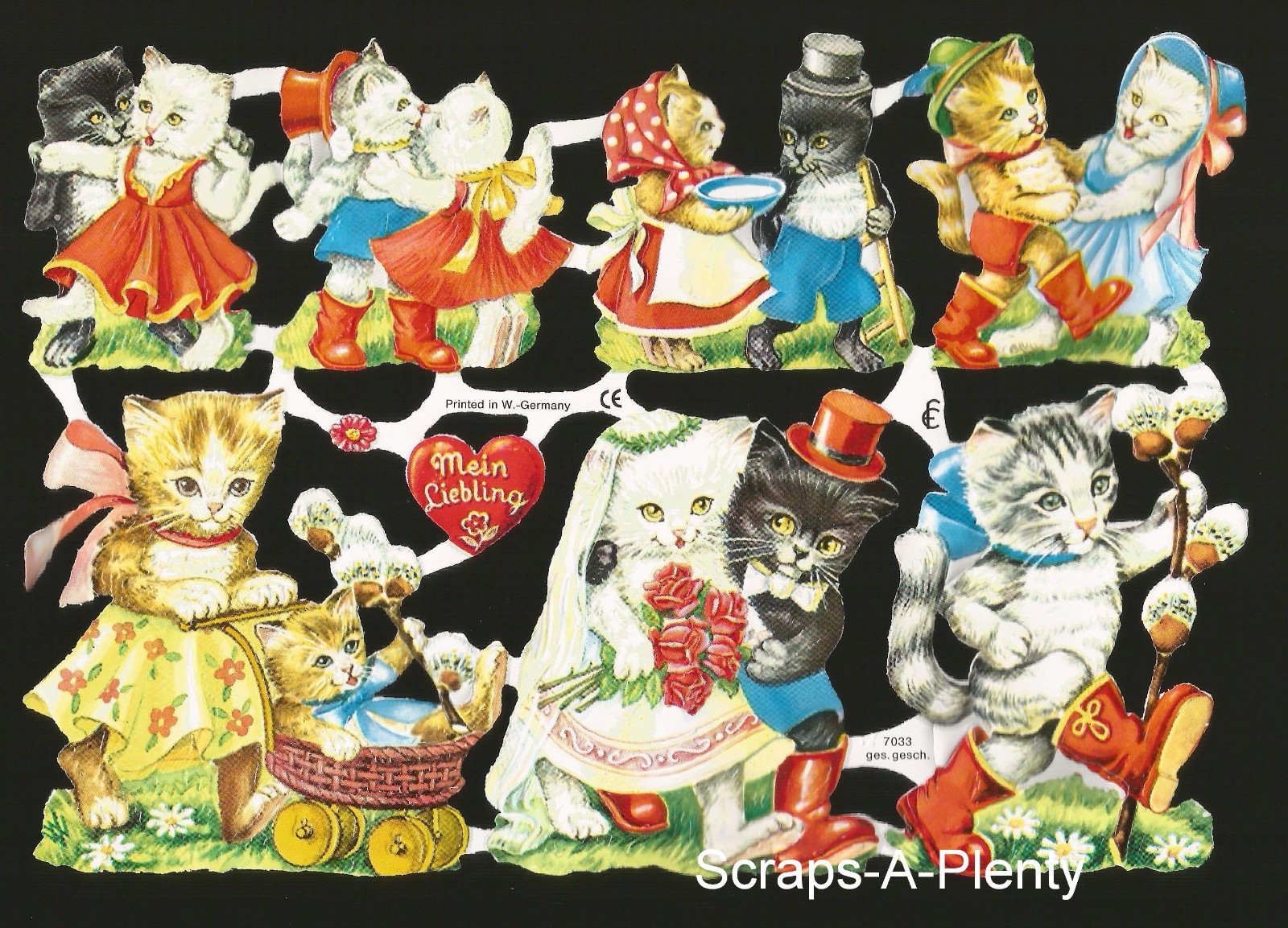 German Embossed Scrap Die Cut Relief - Kittens / Cats Dancing  EF7033