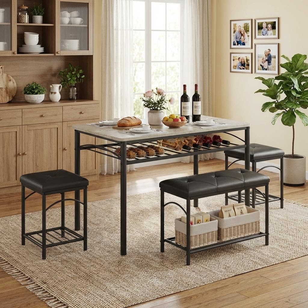 Dining Table Set 4 W/ Upholstered Benches & 2 Stools Modern Space Saving Kitchen