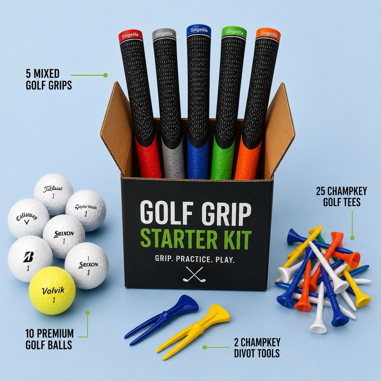 Golf Grip Starter Kit 5 Mixed Golf Grips 10 Premium Golf Balls 25 Tees