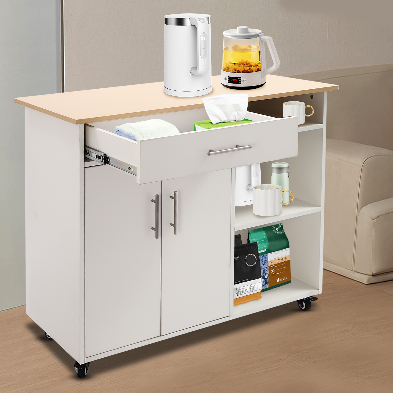 Island Side Table Kitchen Cart Rolling Kitchen Free Standing Trolley w/Drawer