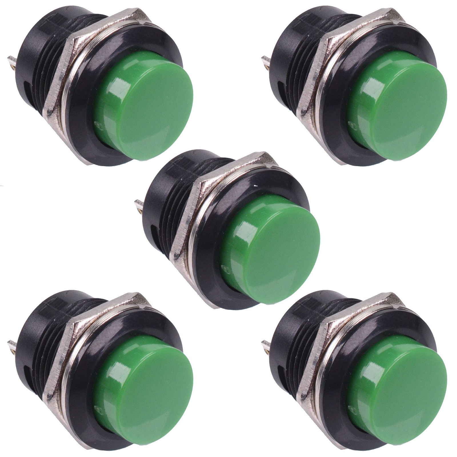 5 x Green Momentary Off-(On) Push Button 16mm 3A SPST