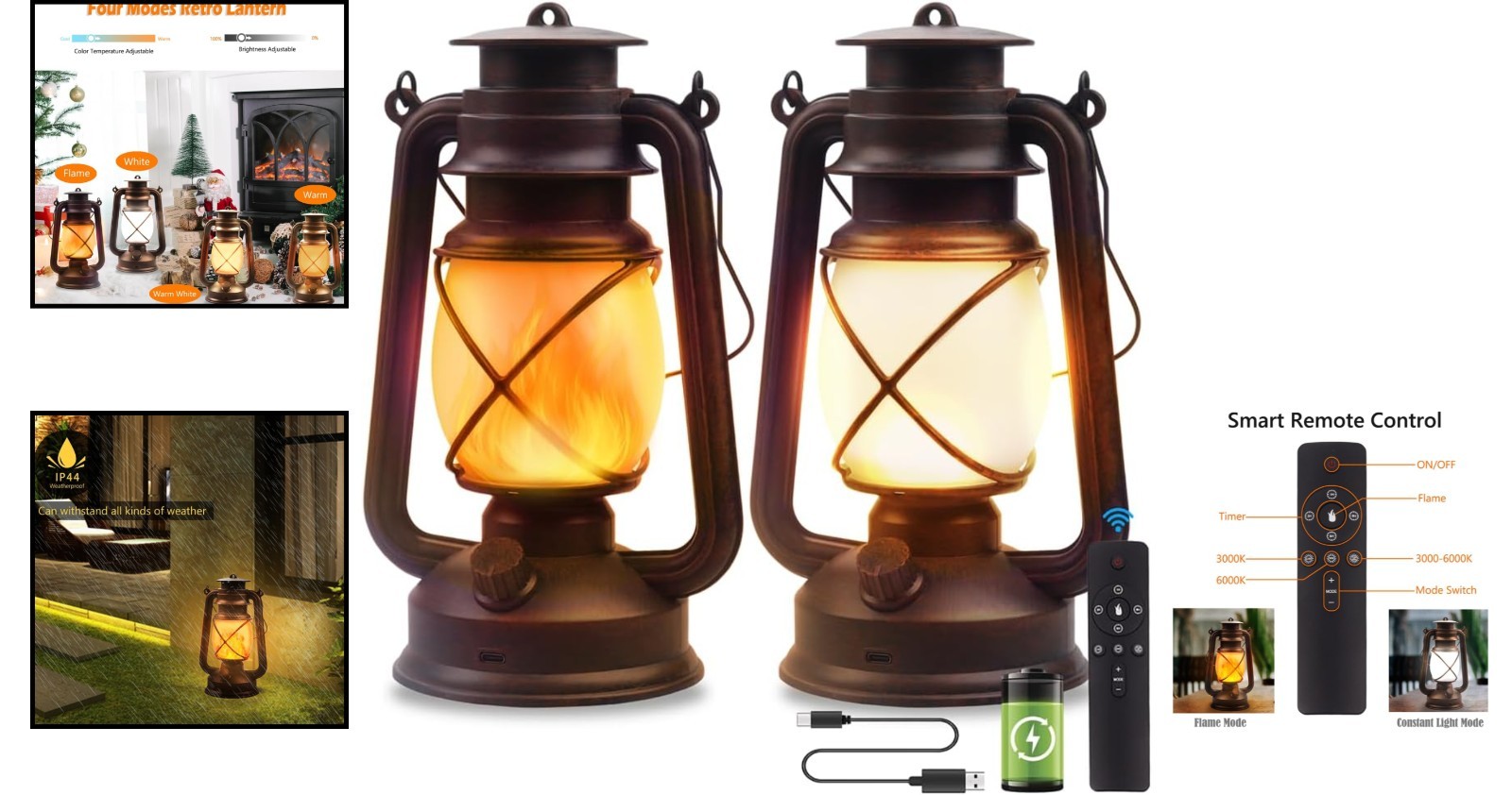 2 Pack USB Rechargeable Vintage Lanterns with Remote Control & 4 Lighting Modes