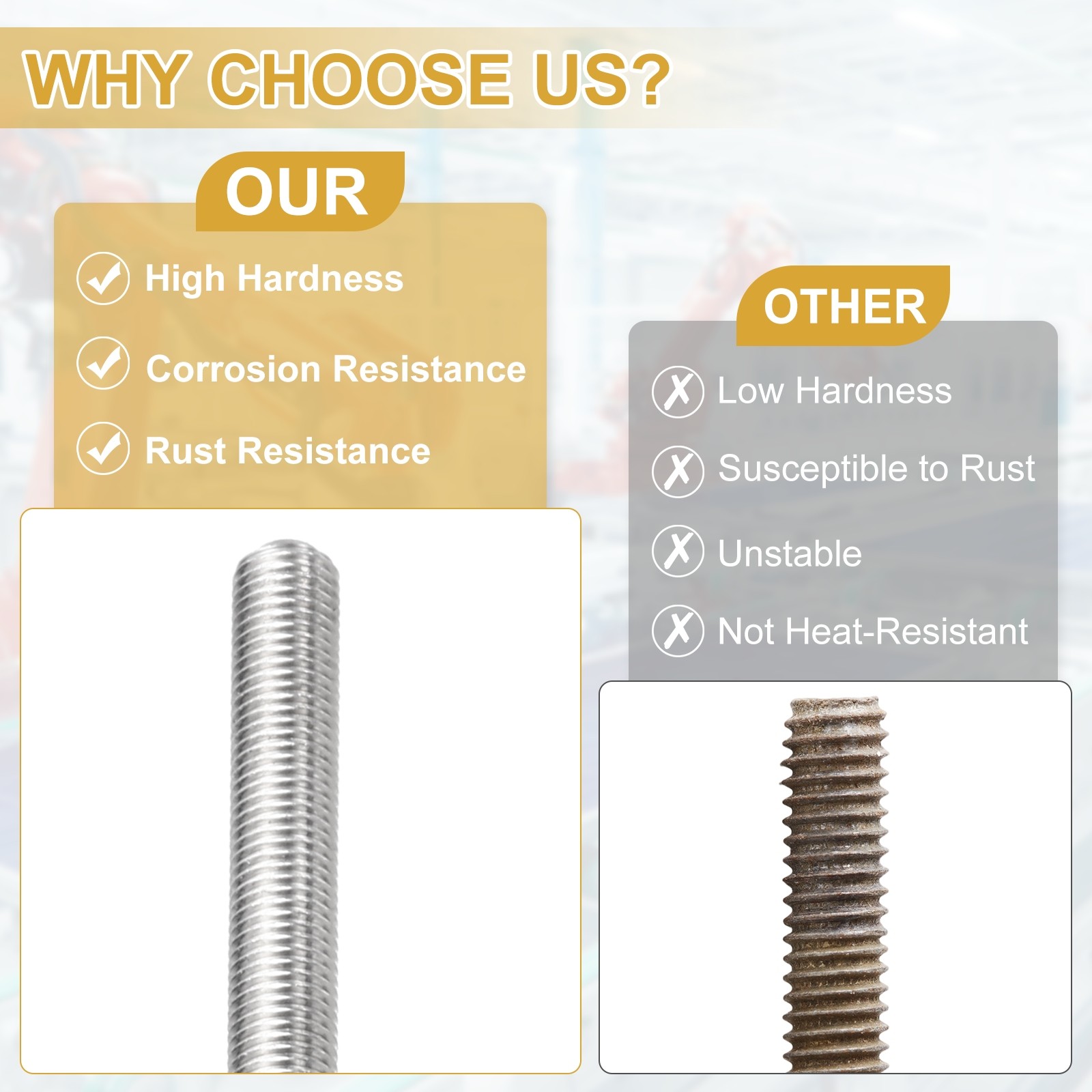 2Pcs M10x1.25mm 300mm 304 Stainless Steel Fully Threaded Rod
