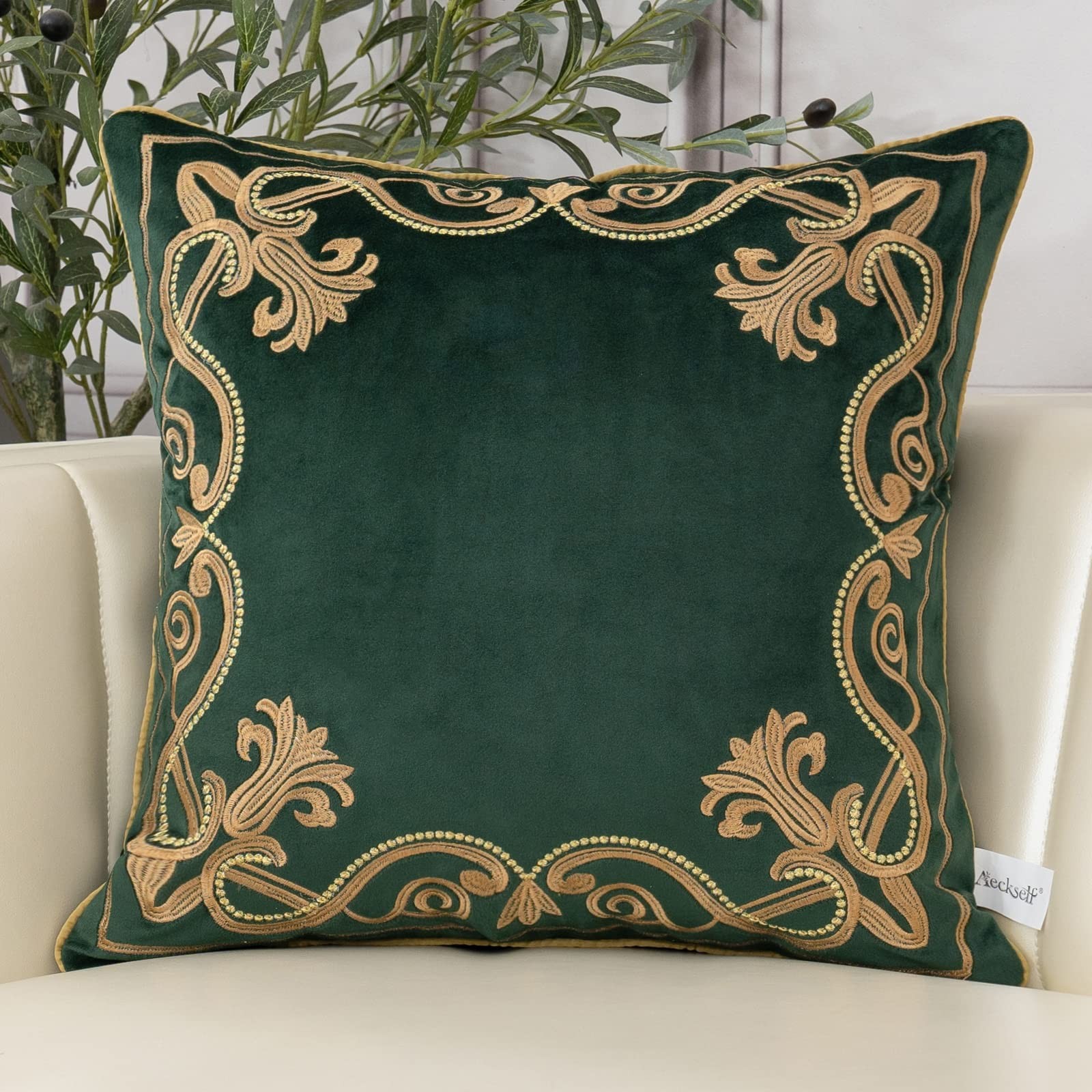 Floral Pillow Cover 24x24 Inch Velvet Dark Emerald Green - Decorative Throw