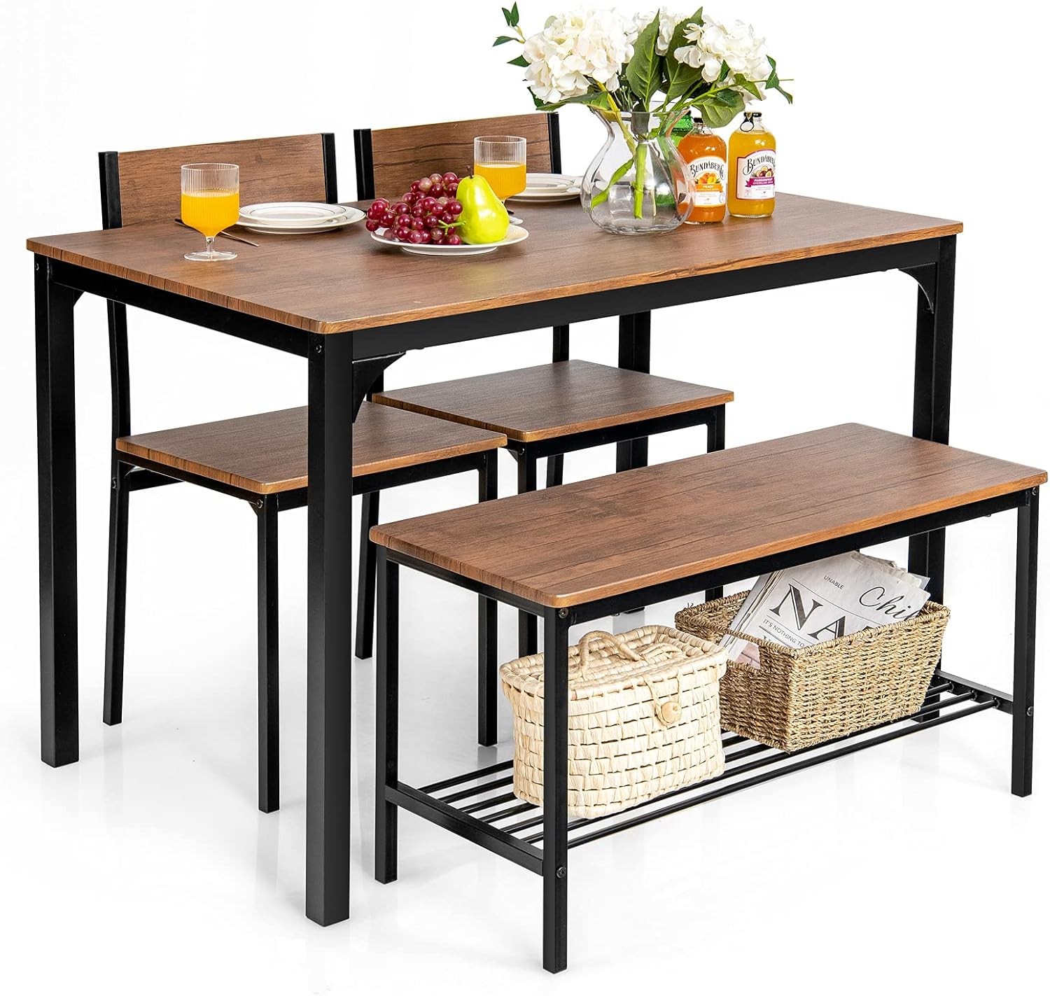 Dining Table Set 4 Kitchen Table W/ Bench & Chairs Industrial Gathering Bench