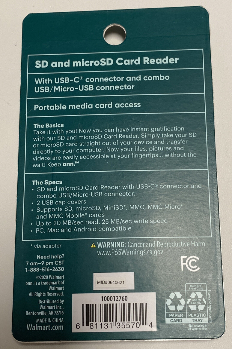 SD and microSD card reader - ONN - BRAND NEW