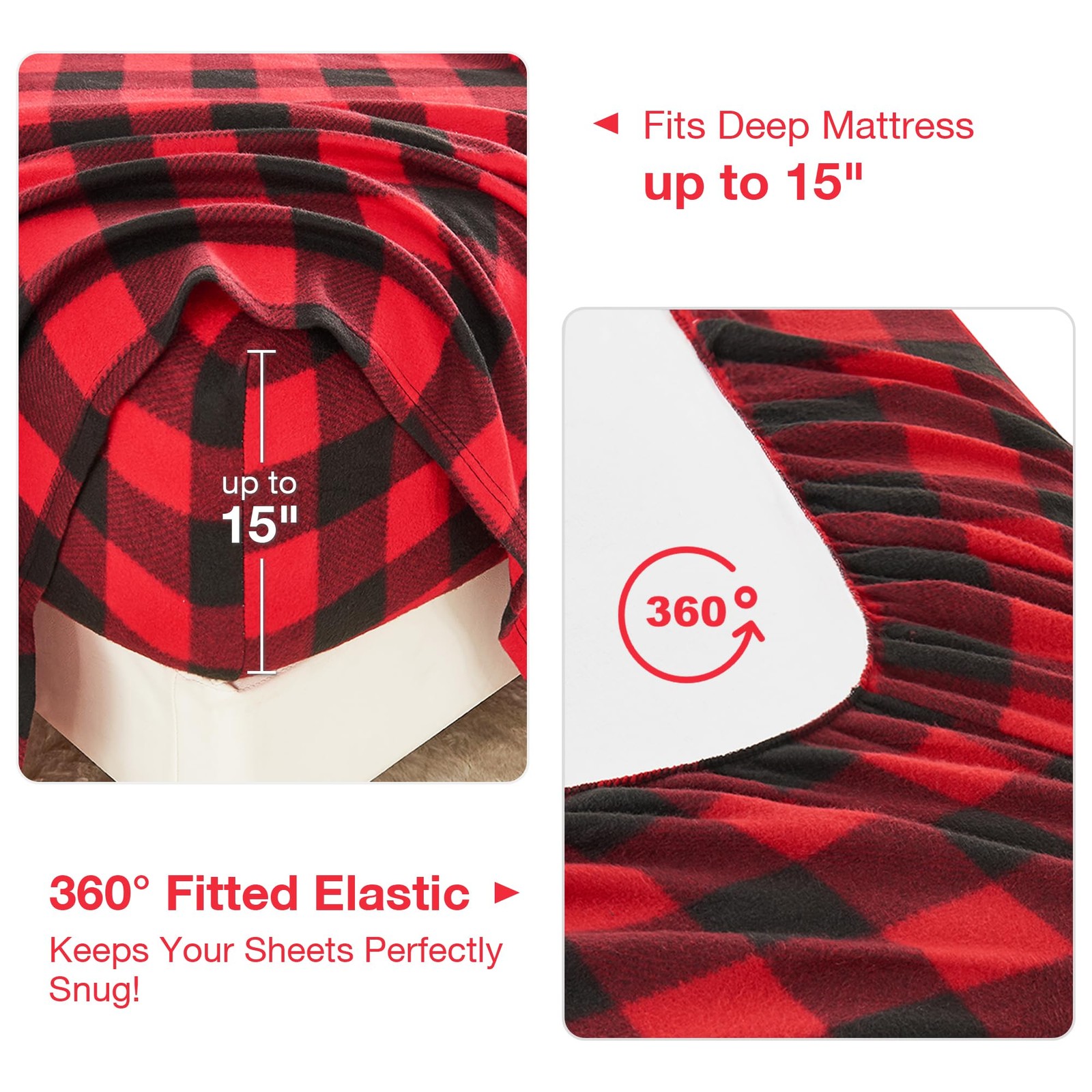 Softan Christmas Fleece Sheets Full Size, Flannel Full, Red Buffalo Plaid