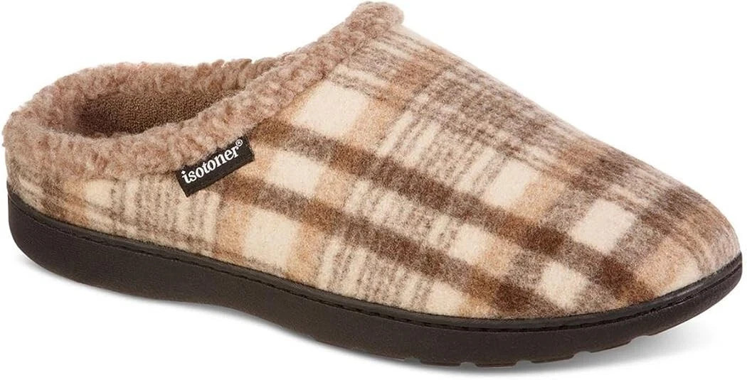 isotoner Mens Flanel Indoor/Outdoor Slide Slippers Taupe 9.5-10.5 Large