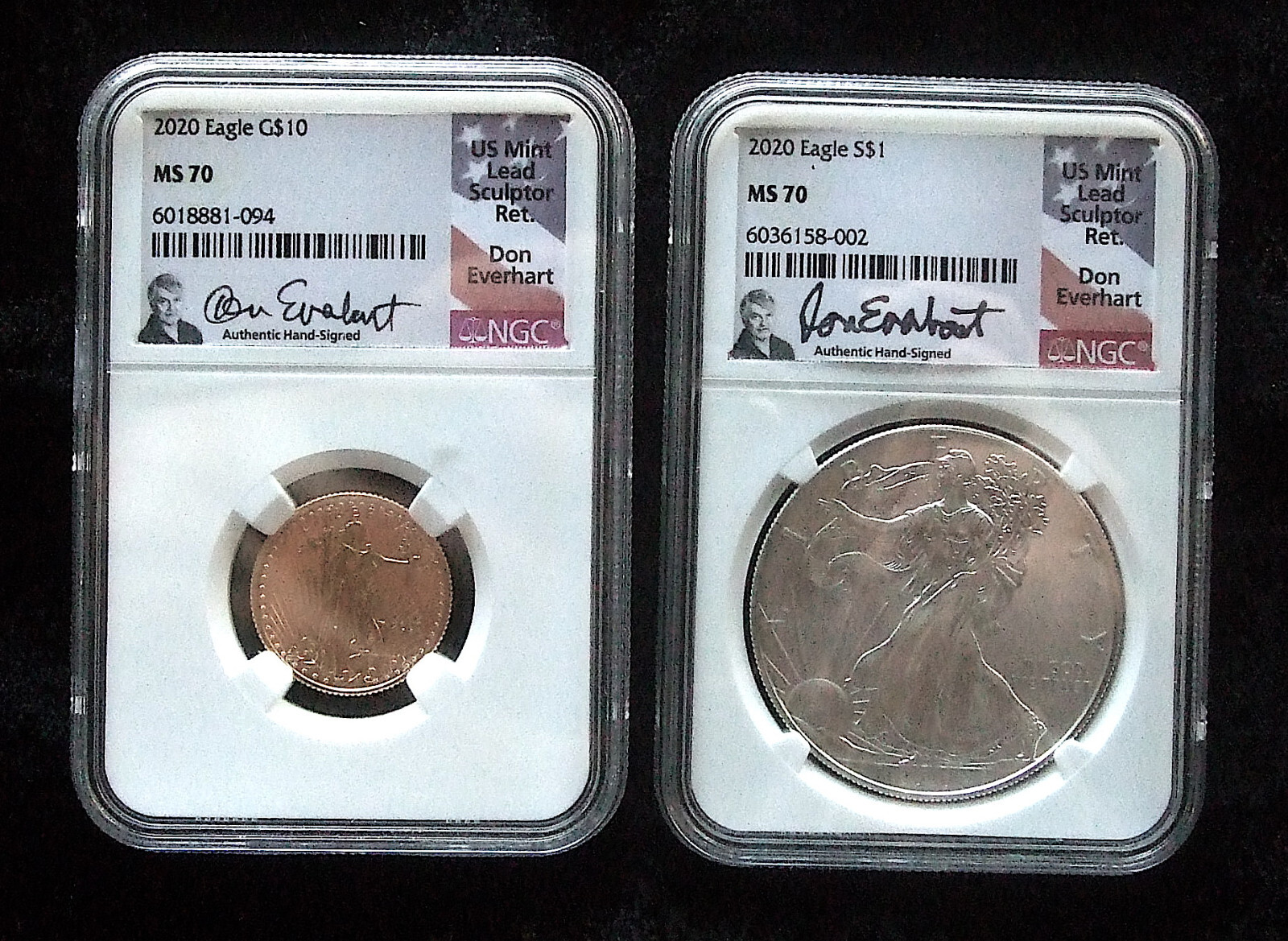 2020 $10 1/4oz Gold/1oz Silver  American Eagle both NGC MS70~Don Everhart Signed