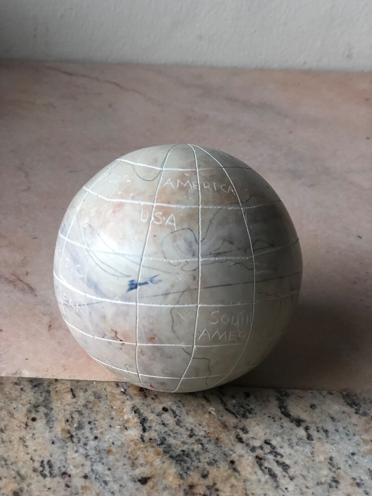 Unique Vintage Carved and Handpainted Stone Globe / World Map