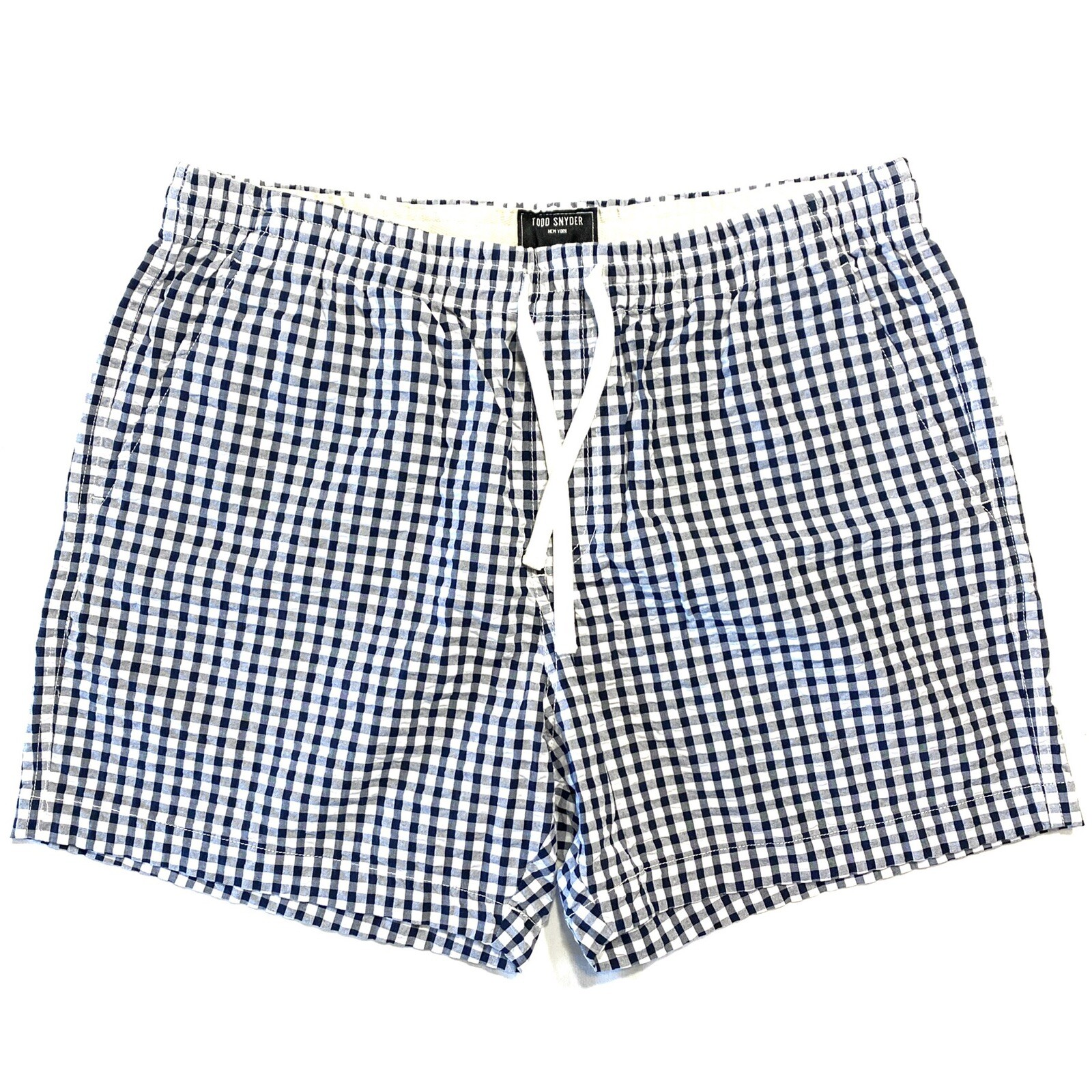 TODD SNYDER Mens 5in Gingham Seersucker Weekend Shorts Navy Blue (MSRP $148)