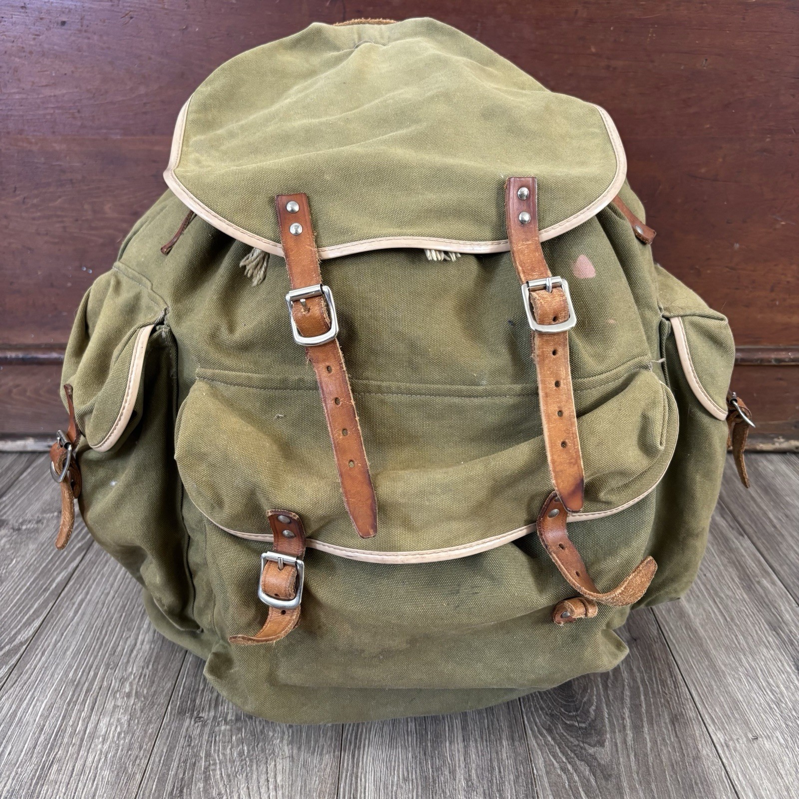 Vintage Rare Army Military Metal Framed Canvas Leather Backpack Ruck Sack