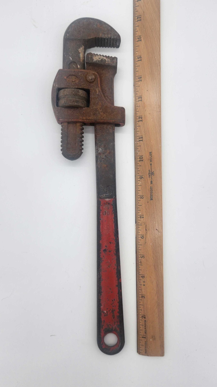 Vintage 18" Pipe Wrench Made in USA Heavy Duty Stillson Plumber Tool Red Handle
