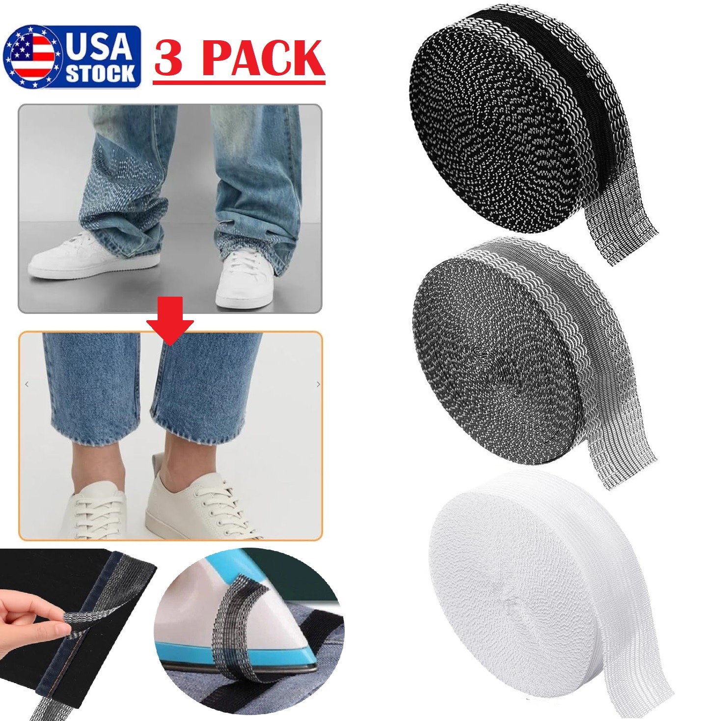 3 Rolls Hemming Tape for Pants Jeans Suit Iron-On Instant Hem Tape No Sew 79" US