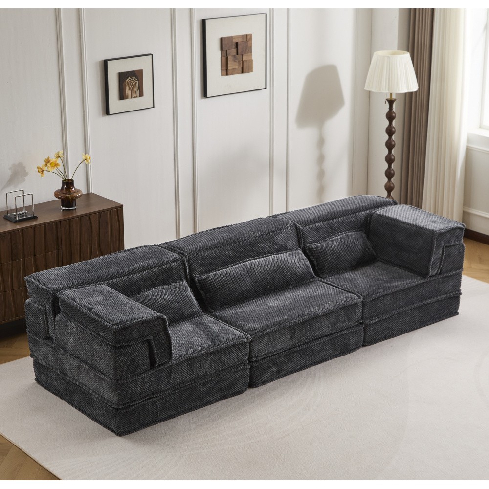 Convertible Floor Sofa Bed w/ Pillows, Dark Gray Circle Fleece Fabric