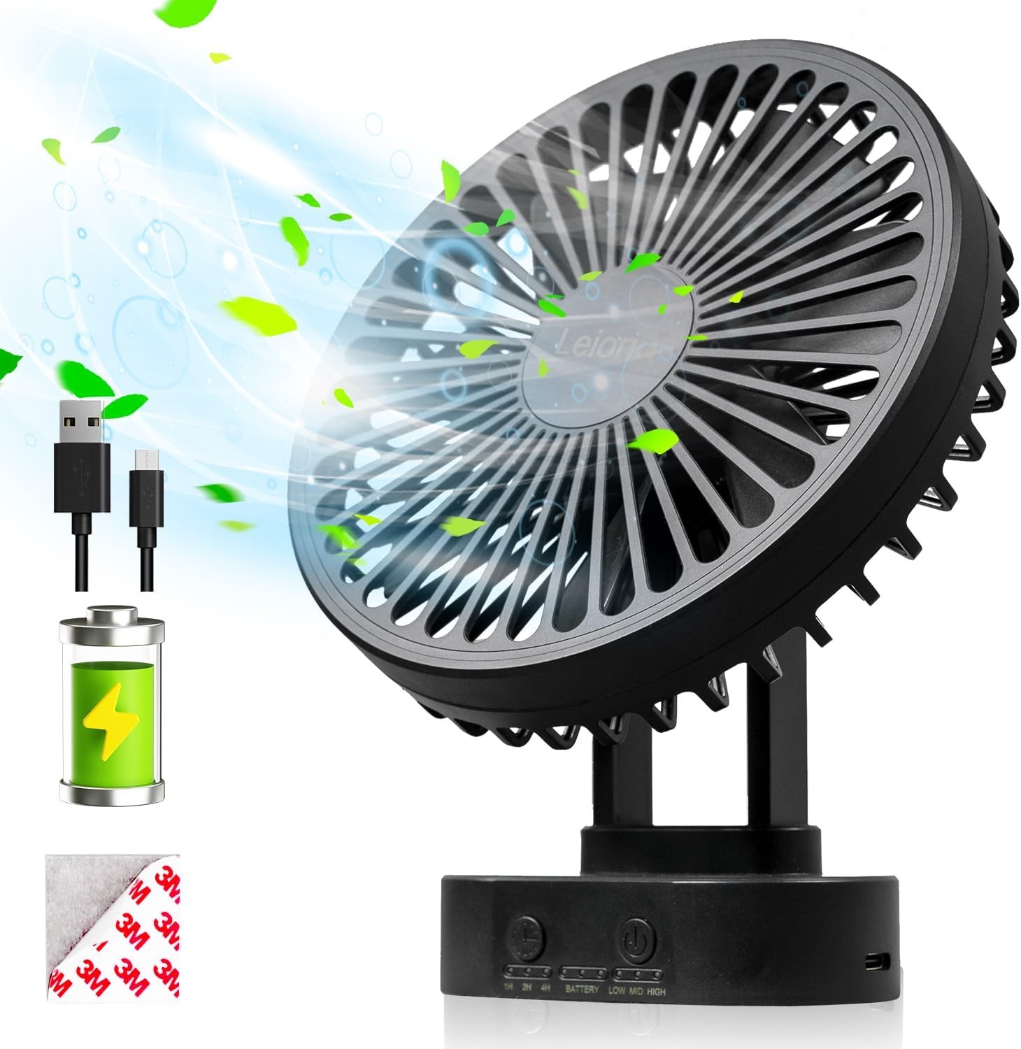 Small Fan Recharable,3 Speed Timable Cruise Fan with 90° Head Rotat