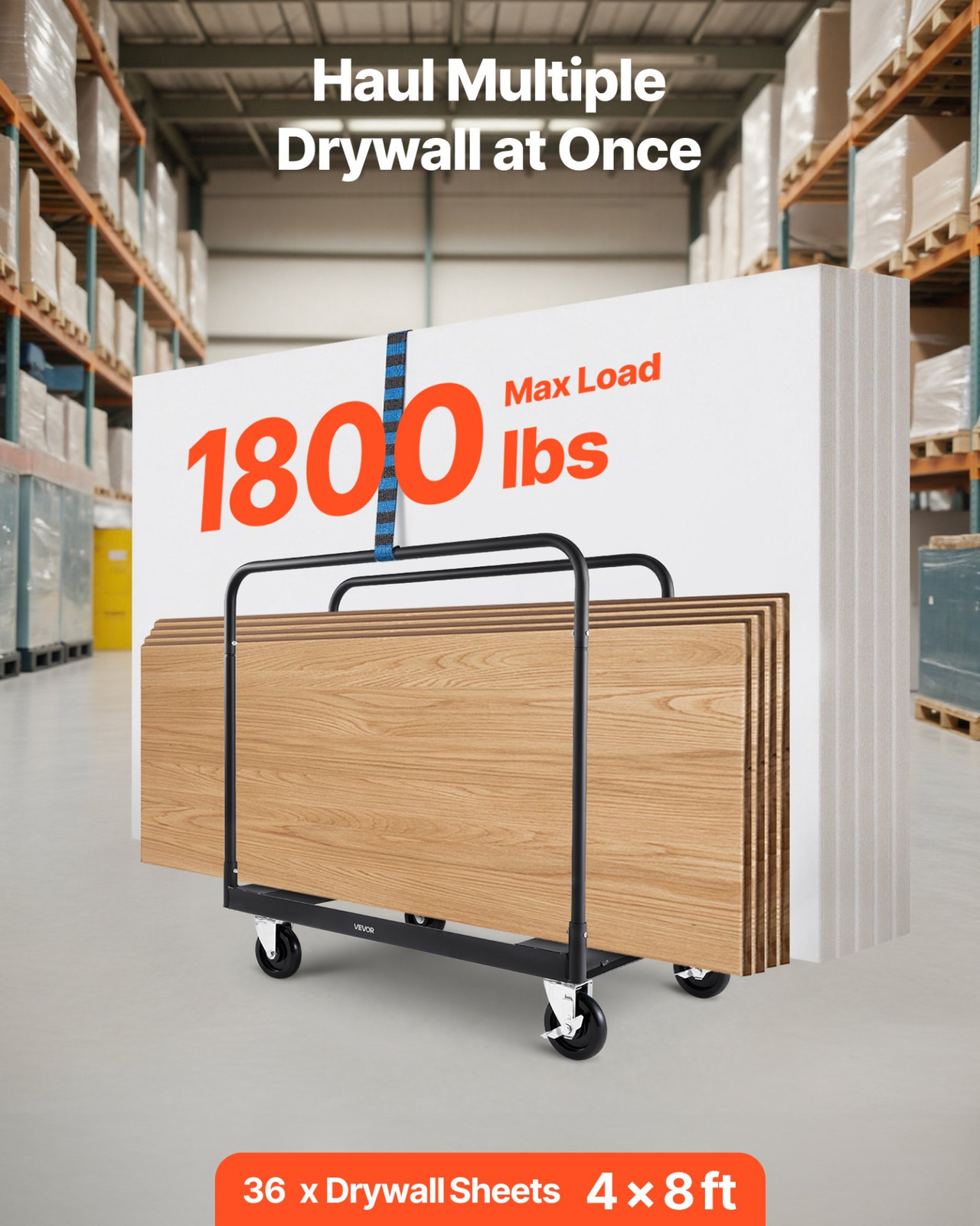 Drywall Cart Dolly 1800 lbs Load, Steel Panel Truck w/ Casters, Strap & Rails