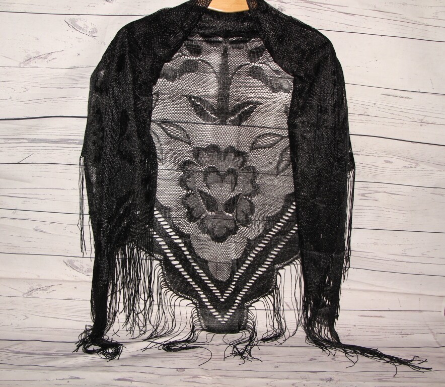 Black lace shawl Long fringe Vintage Triangle mesh scarf Gothic Weddings Bridal