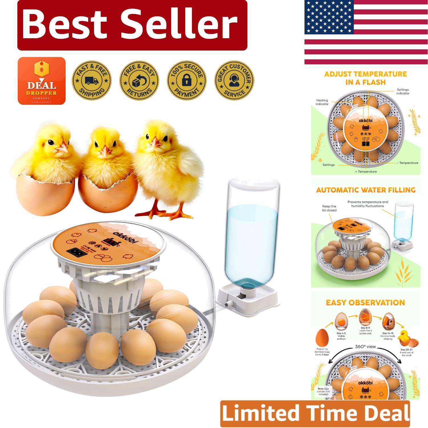 Okkobi M12 Egg Incubator - Automated Turner & Humidity Control for 12-24 Eggs
