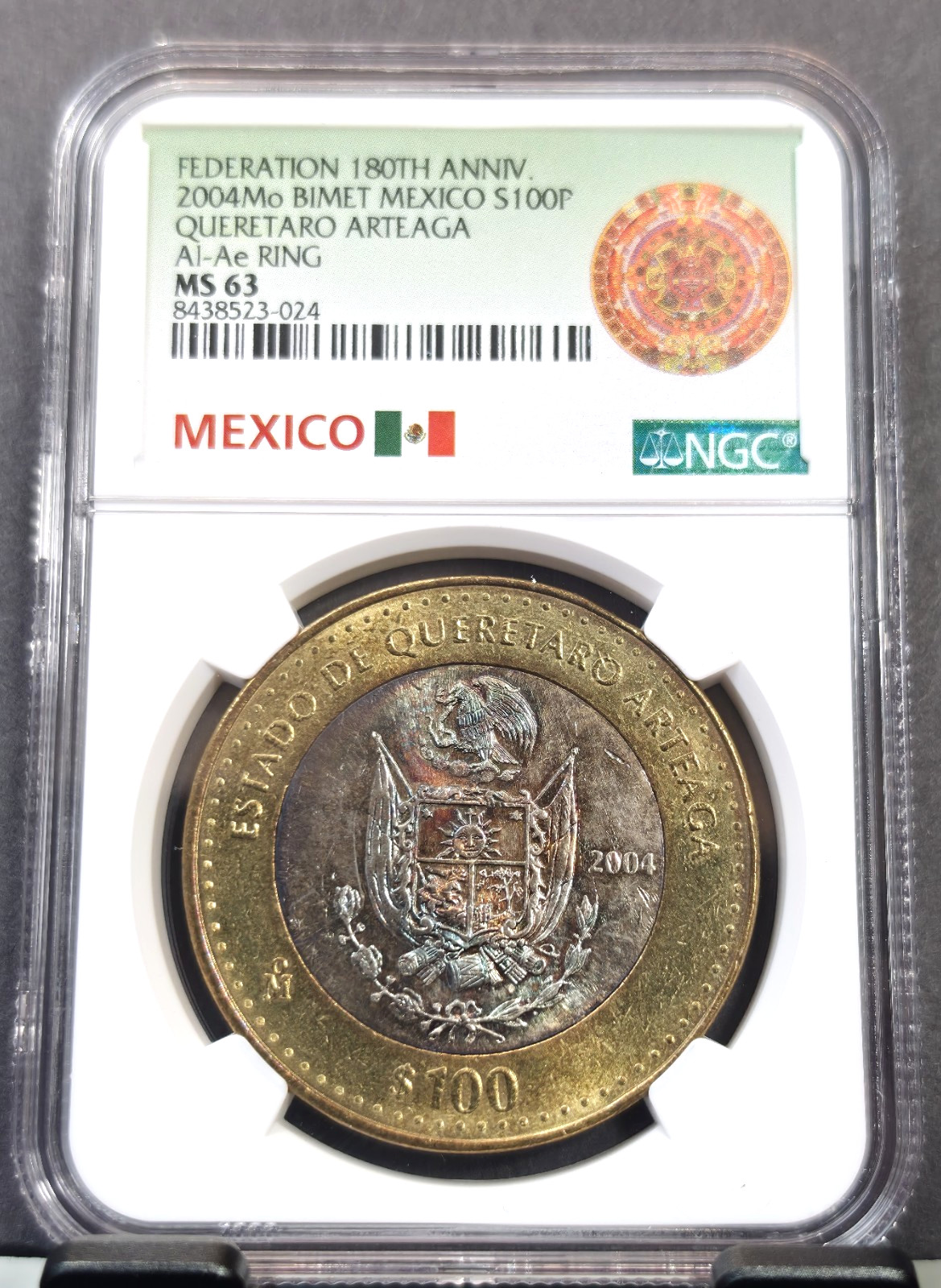 2004 MEXICO SILVER 100 PESOS QUERETARO ARTEAGA NGC MS 63 RARE COLOR TONED