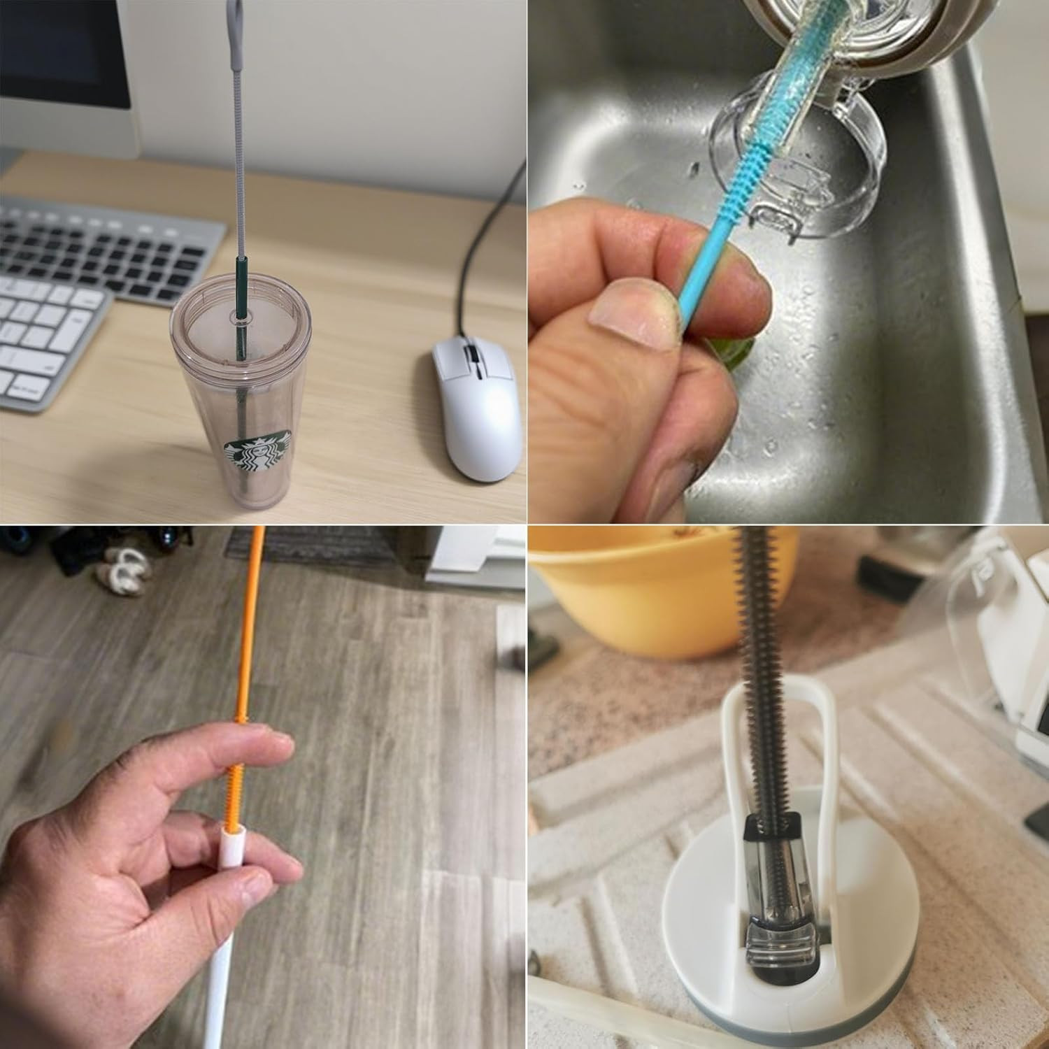 Straw Cleaner Brush, Silicone Reusable Straw Cleaner with Bendable Steel Core, E