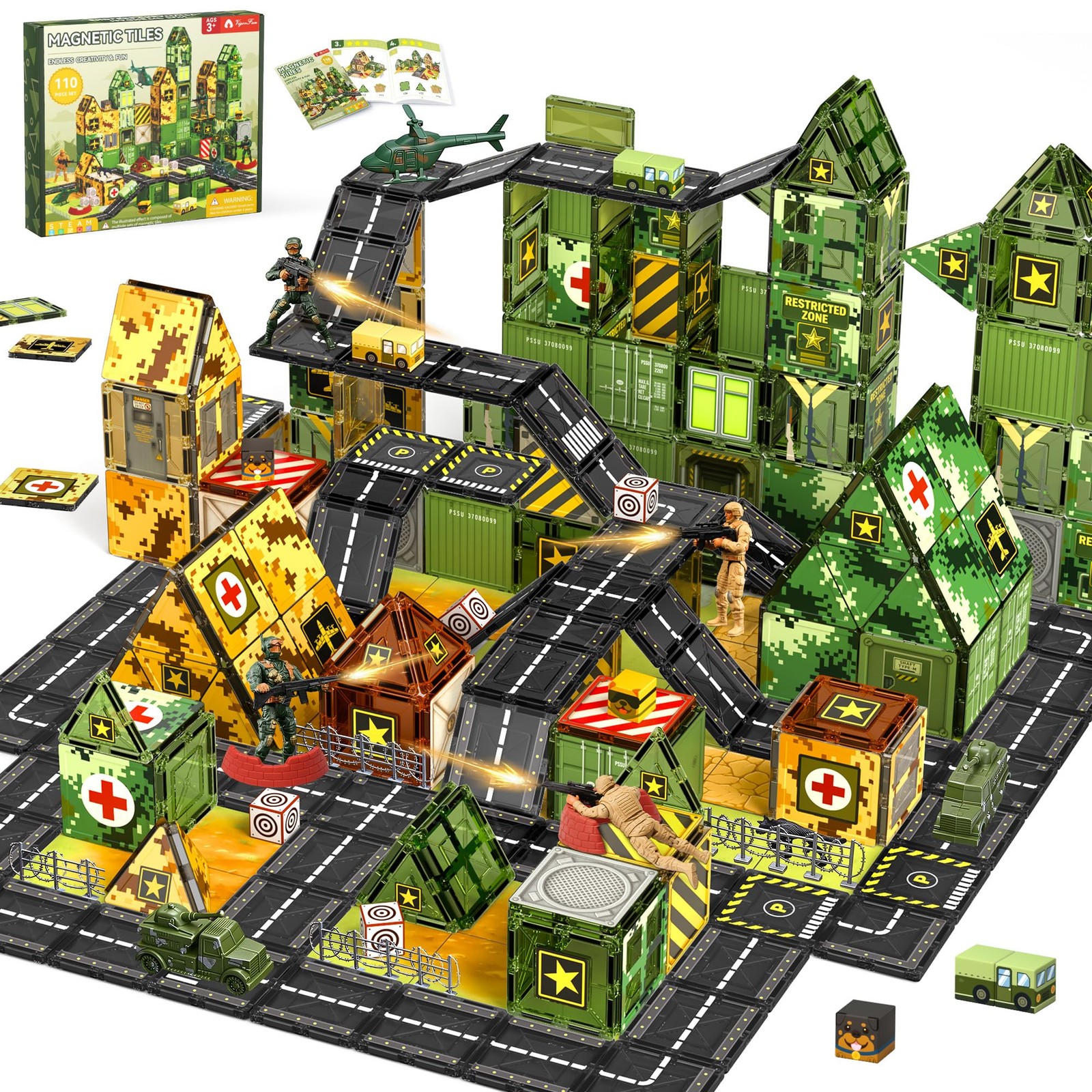 VigorFun Army Magnetic Tiles Building Toys Set for Kids Ages 3-5 4-8, STEM Milit