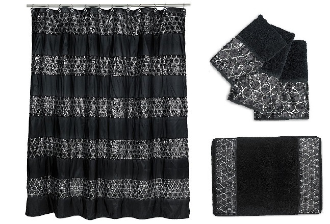 Popular Bath Sinatra Black Shower Curtain, Rug and 3 Piece Towel Set