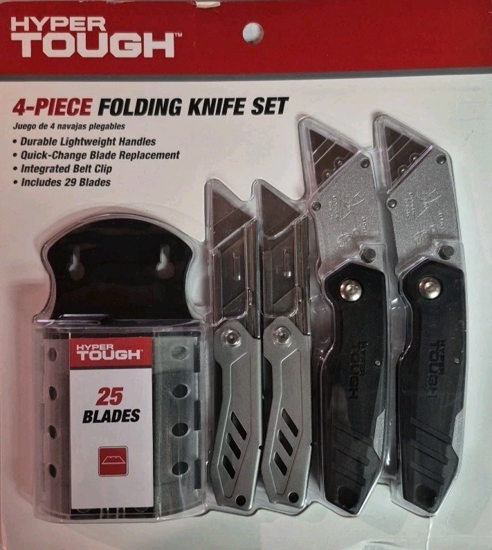 Hyper Tough 4-Piece Folding Utility Knife Set +25 Blades New In Box