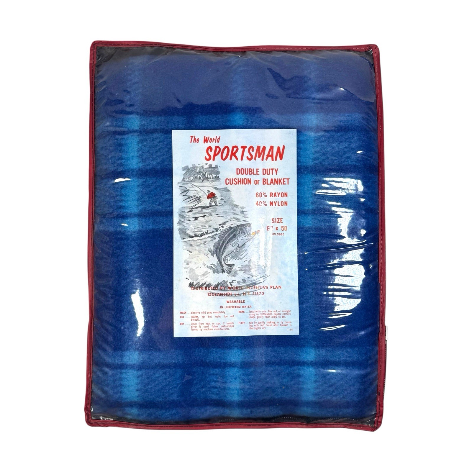 VTG The World Sportsman Cushion Blanket 60x50 Blue Plaid Camping Fishing Hunting