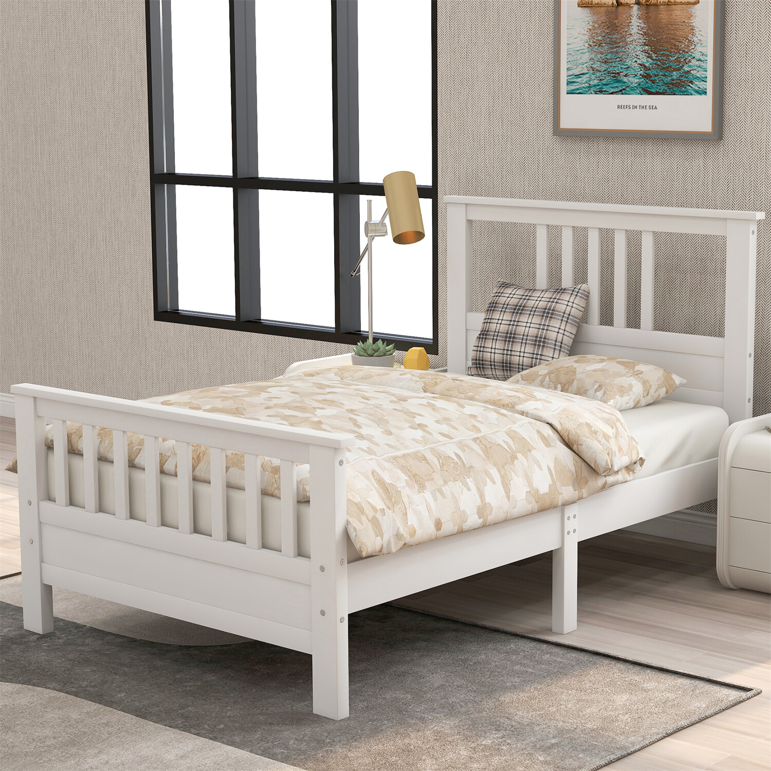 Twin Size Bed Frame Wooden Platform Bed Frame with Headboard & Footboard White