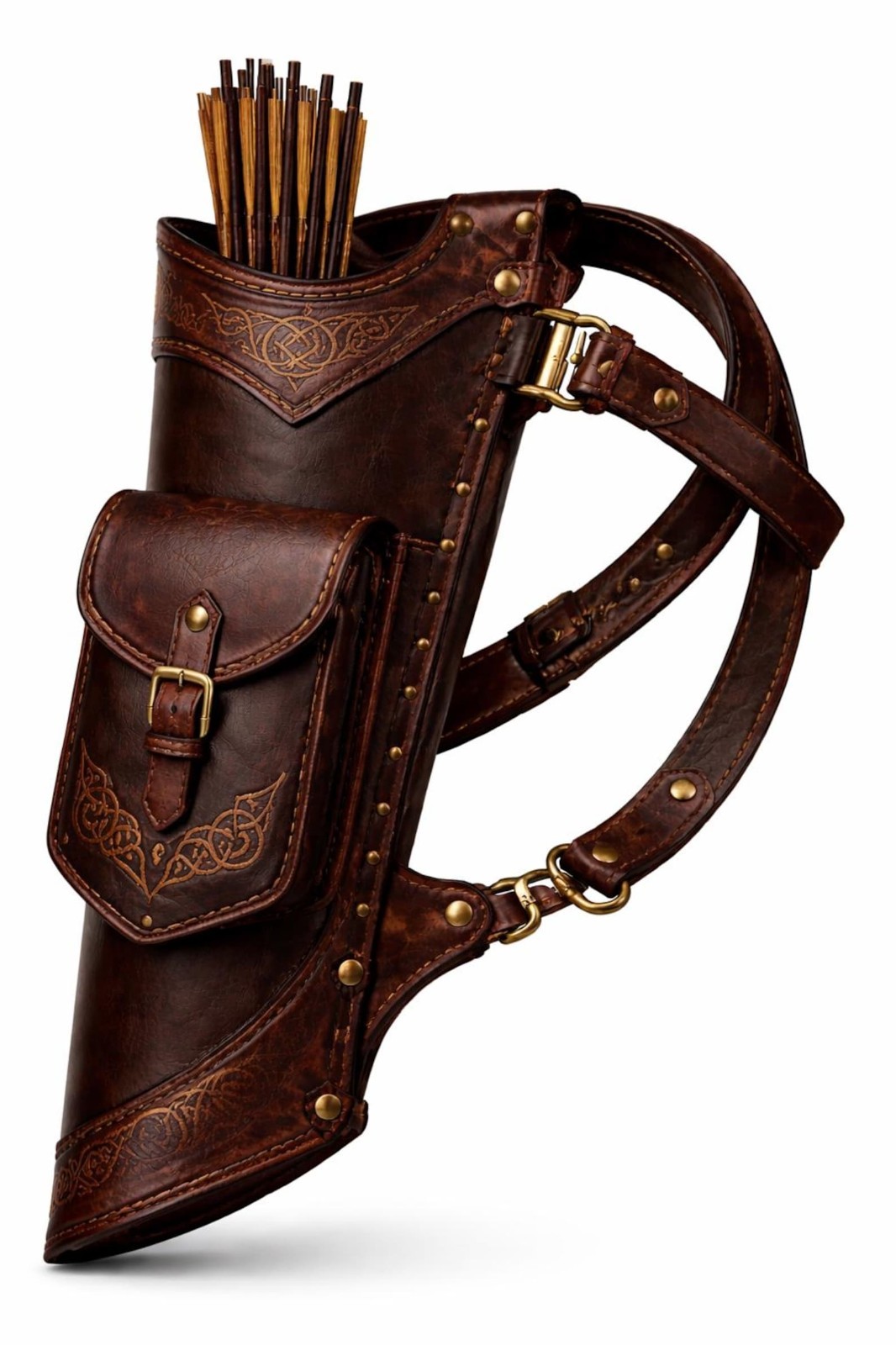Dark brown leather side quiver - Minimalist embossed hunting quiver bag archery
