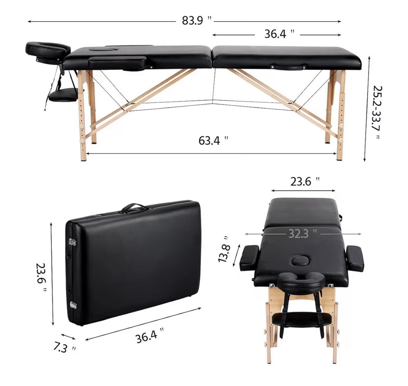 Massage Table Portable Spa Bed Foldable Adjustable 2 Fold Bag 24” Black