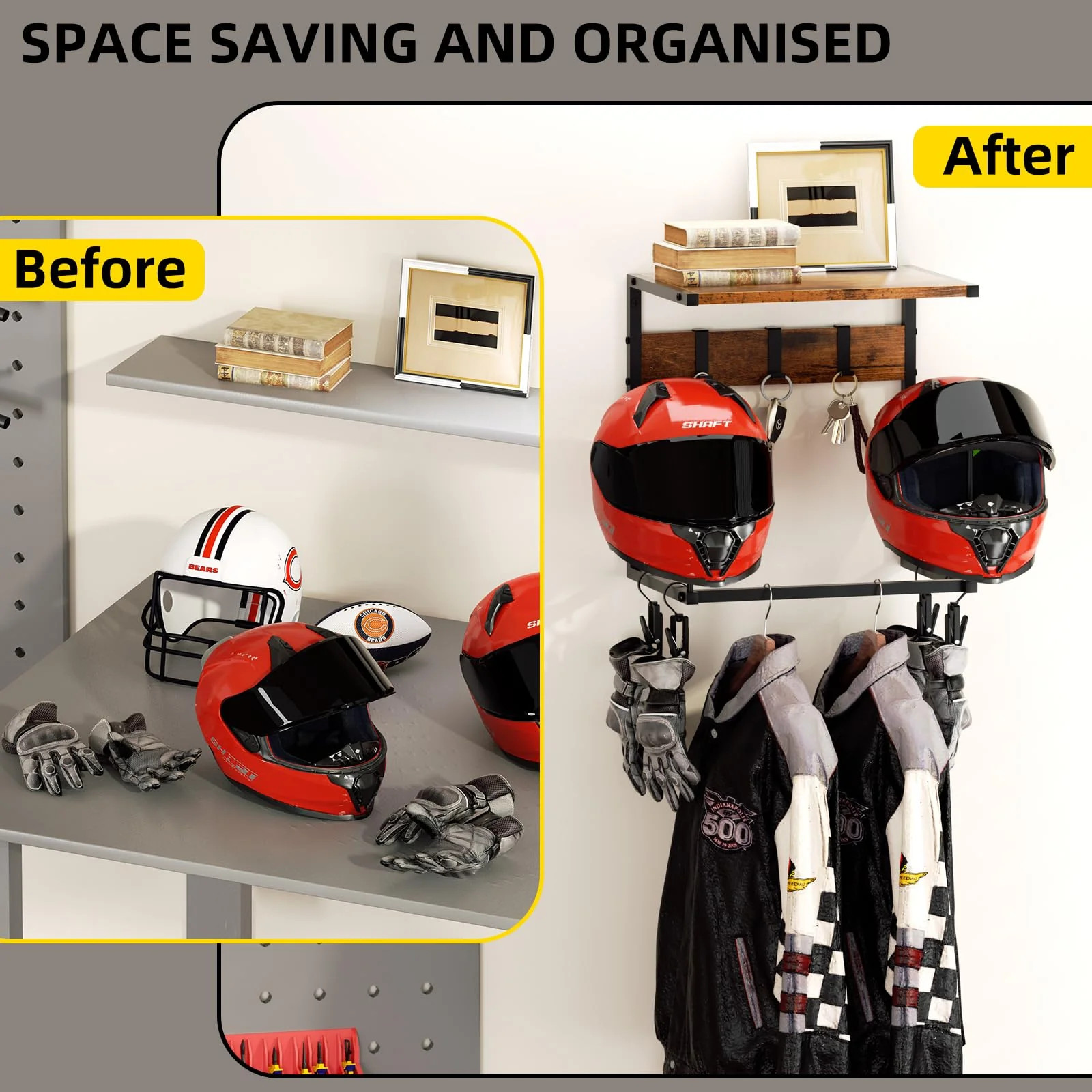 Urban Deco Motorcycle Helmet Holder Wall Mount, Helmet Rack with 2 Hat Stands, H