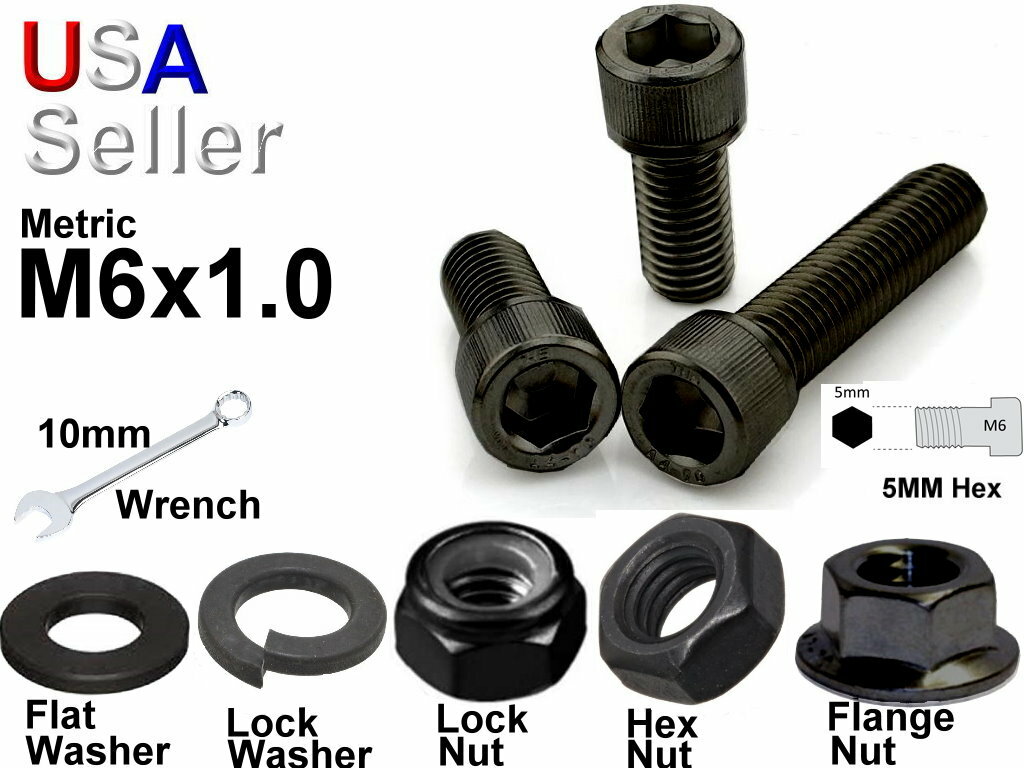 Metric M6 x 1.0 Black Oxide Allen Hex Head Socket Cap Screw Bolt Washer Nut X