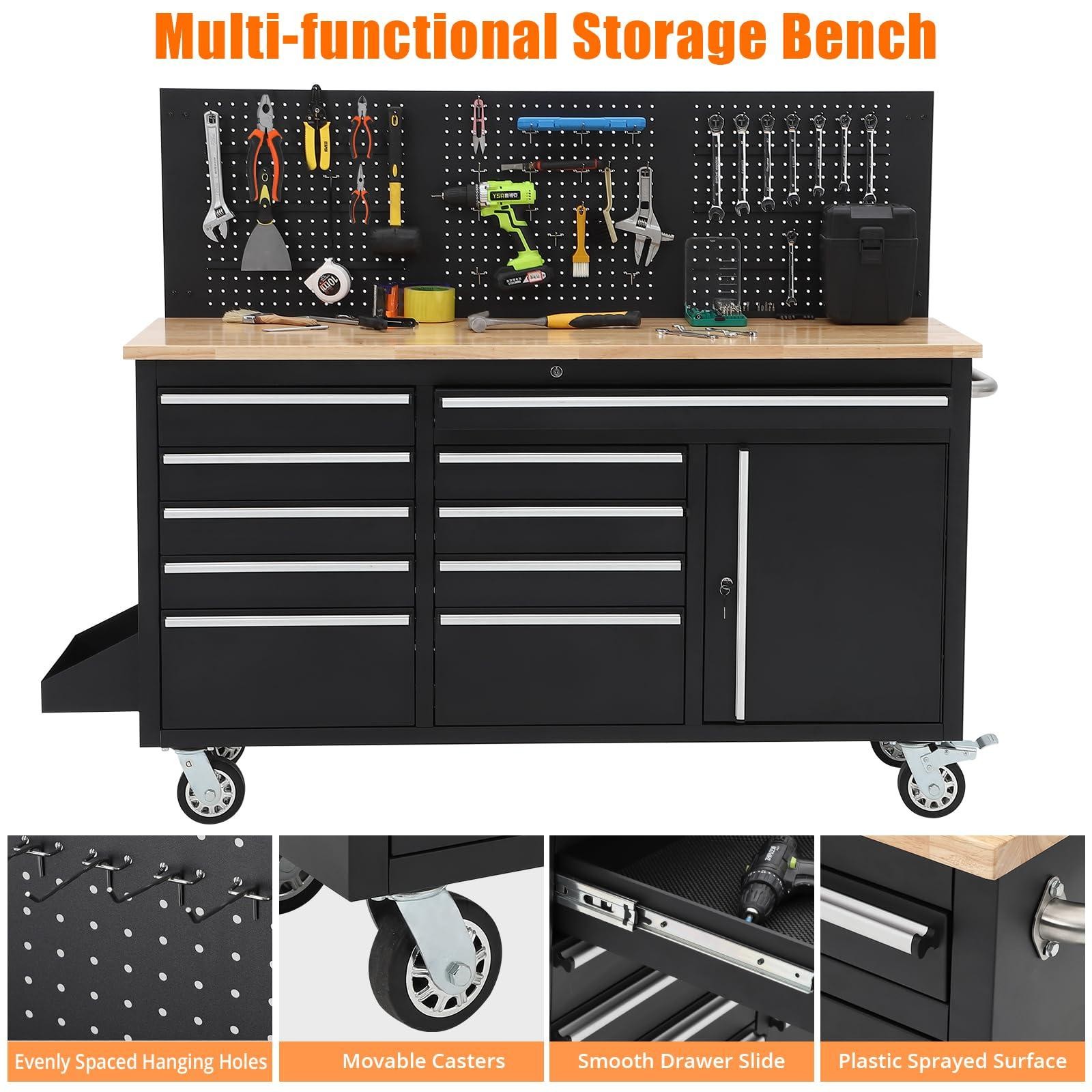 Workbench Rolling Tool Chest Heavy Duty Work Table with 10 Drawers and Pegboard