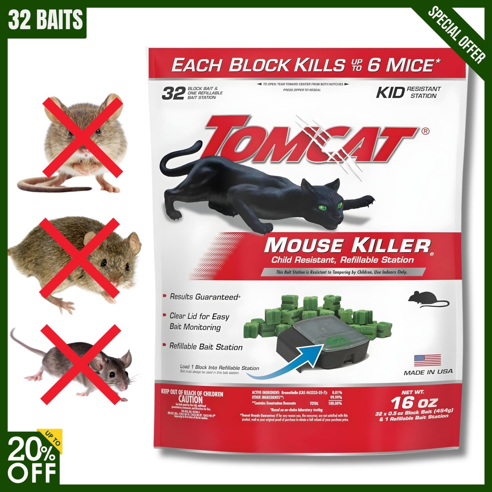 Mouse Mice Rat Killer 32 Blocks Bait Poison Rodent Station Trap Tomcat Control *