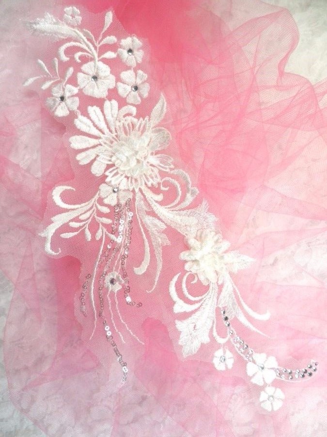 Embroidered 3D Applique White Floral Sequin Patch 13" (DH72)