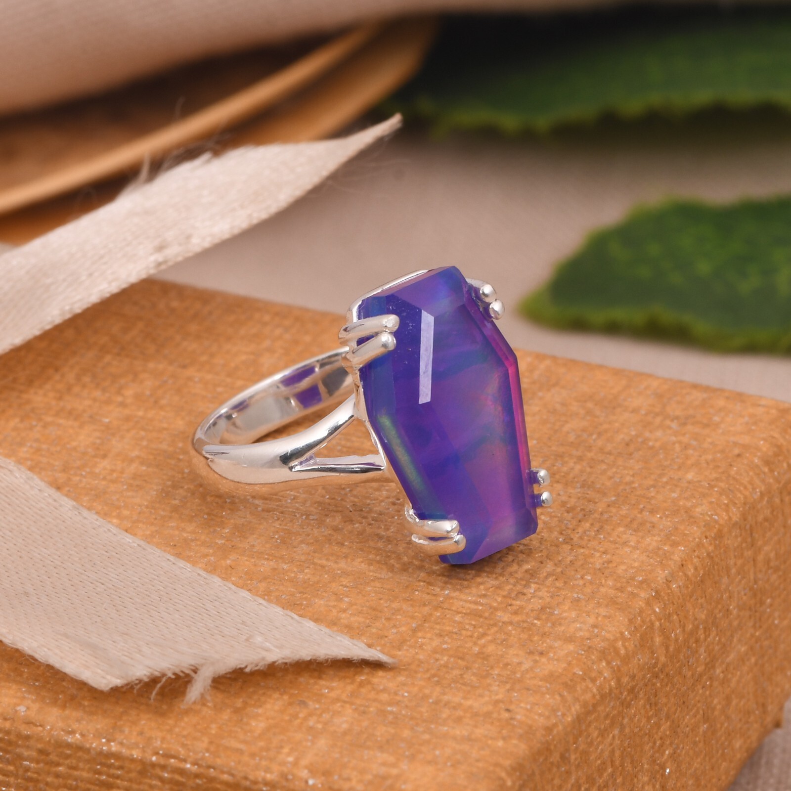 Nebula Opal Coffin Shape Engagement Ring 925 Sterling Silver Gift For Love
