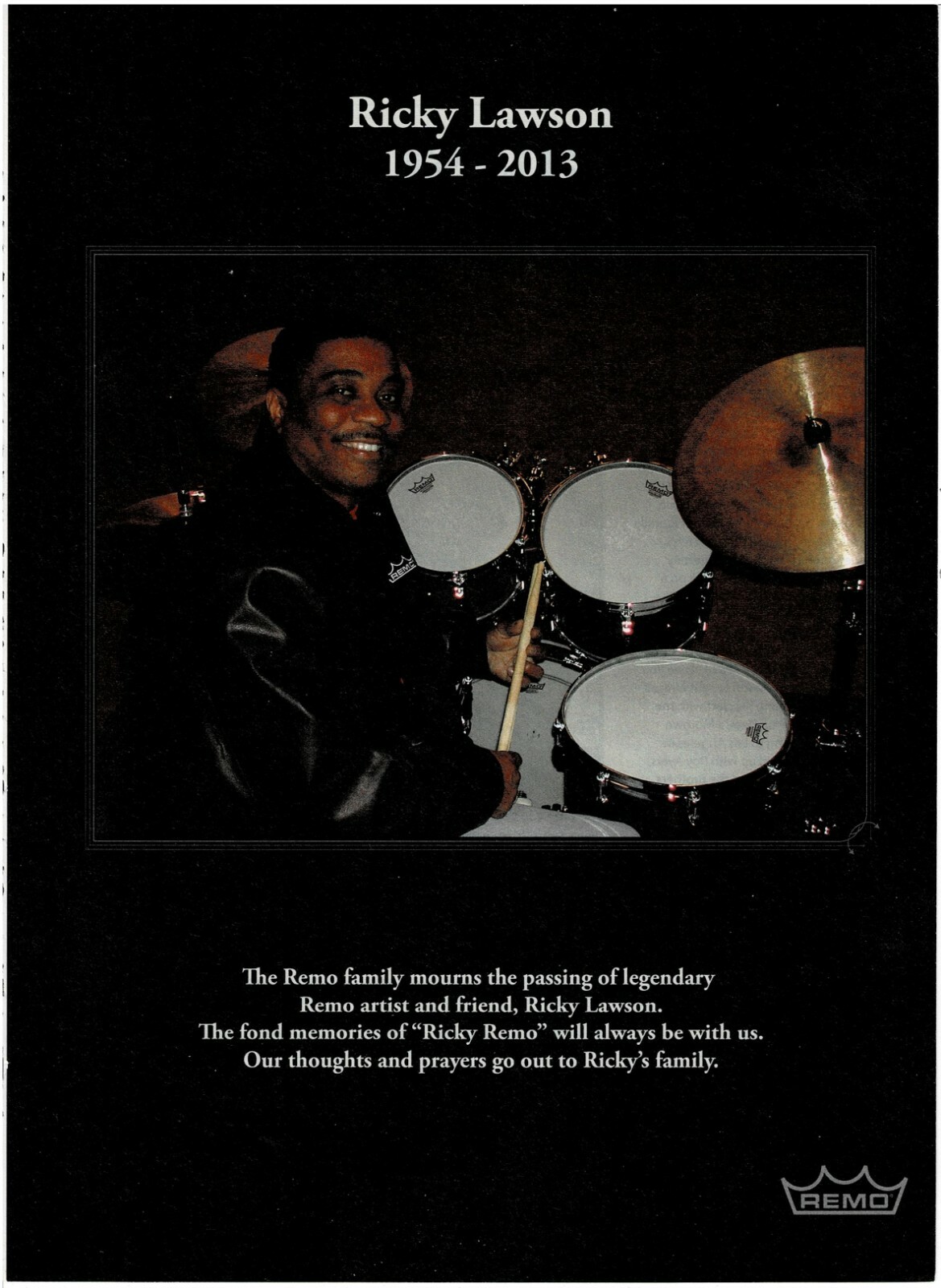 REMO Drumheads - Ricky Lawson - 1954-2013 - 2014 Print Advertisement