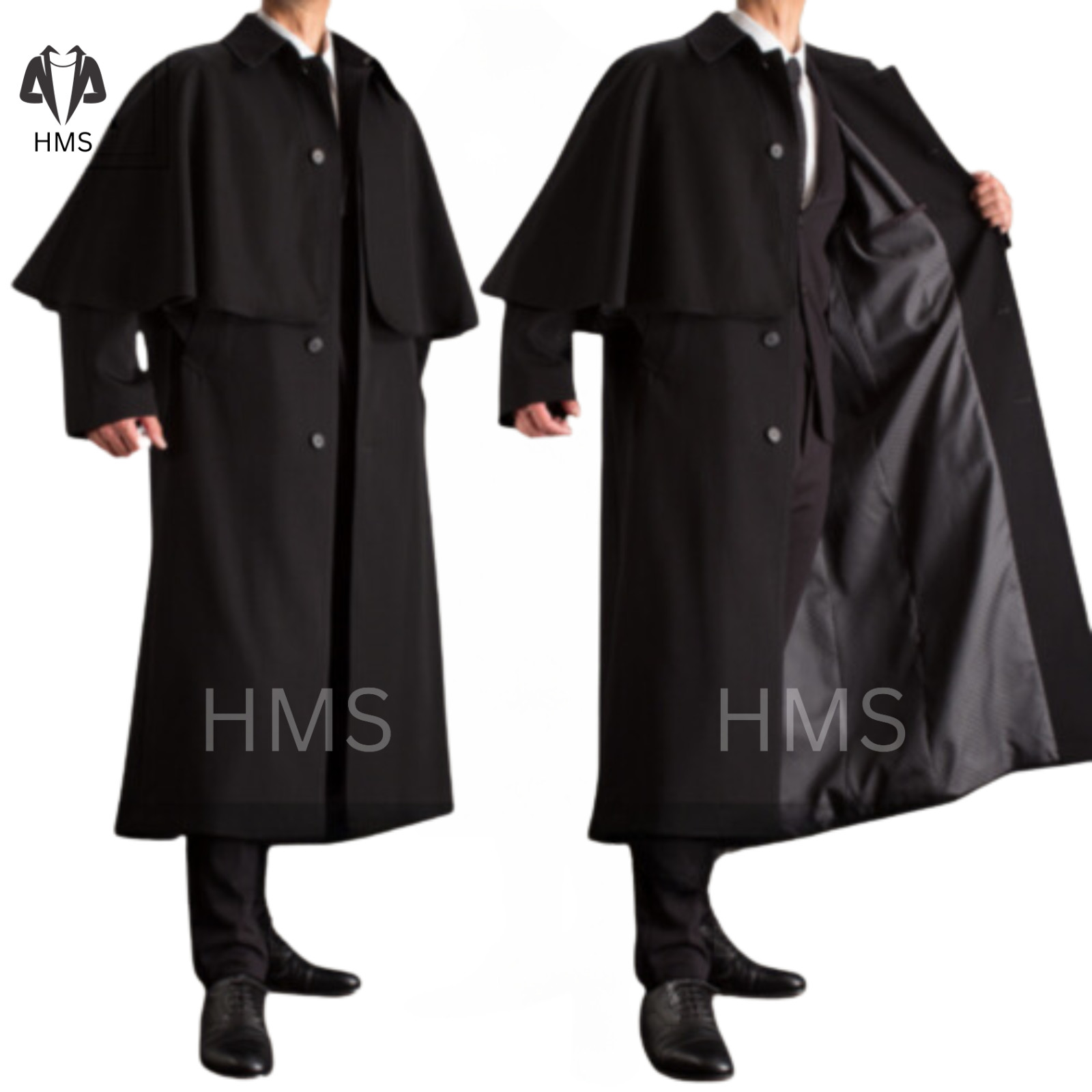New Men's Black Inverness Cotton and Wool Cape Coat (100% Wool  |  100% cotton)