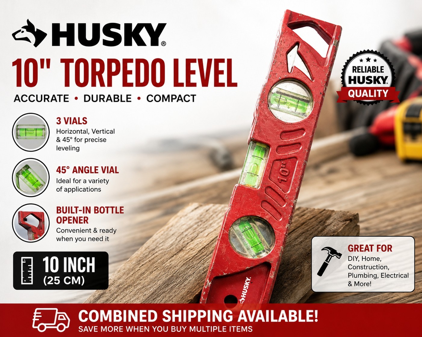 Husky 10" Torpedo Level 3 Vial Magnetic Pocket Level 25cm Hand Tool Used