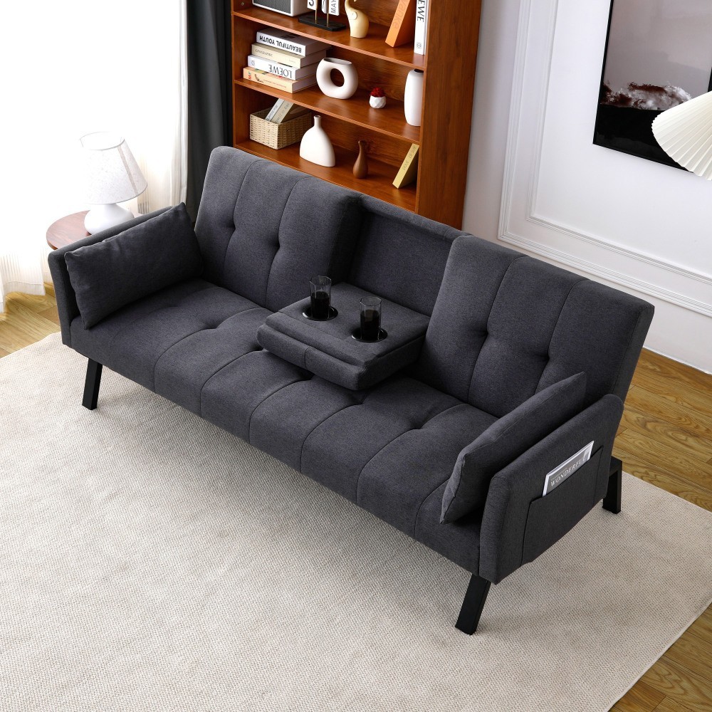 70" Cotton Linen Sofa Bed, Foldable Sofa w/Cup Holder& Storage,Multi-Functional