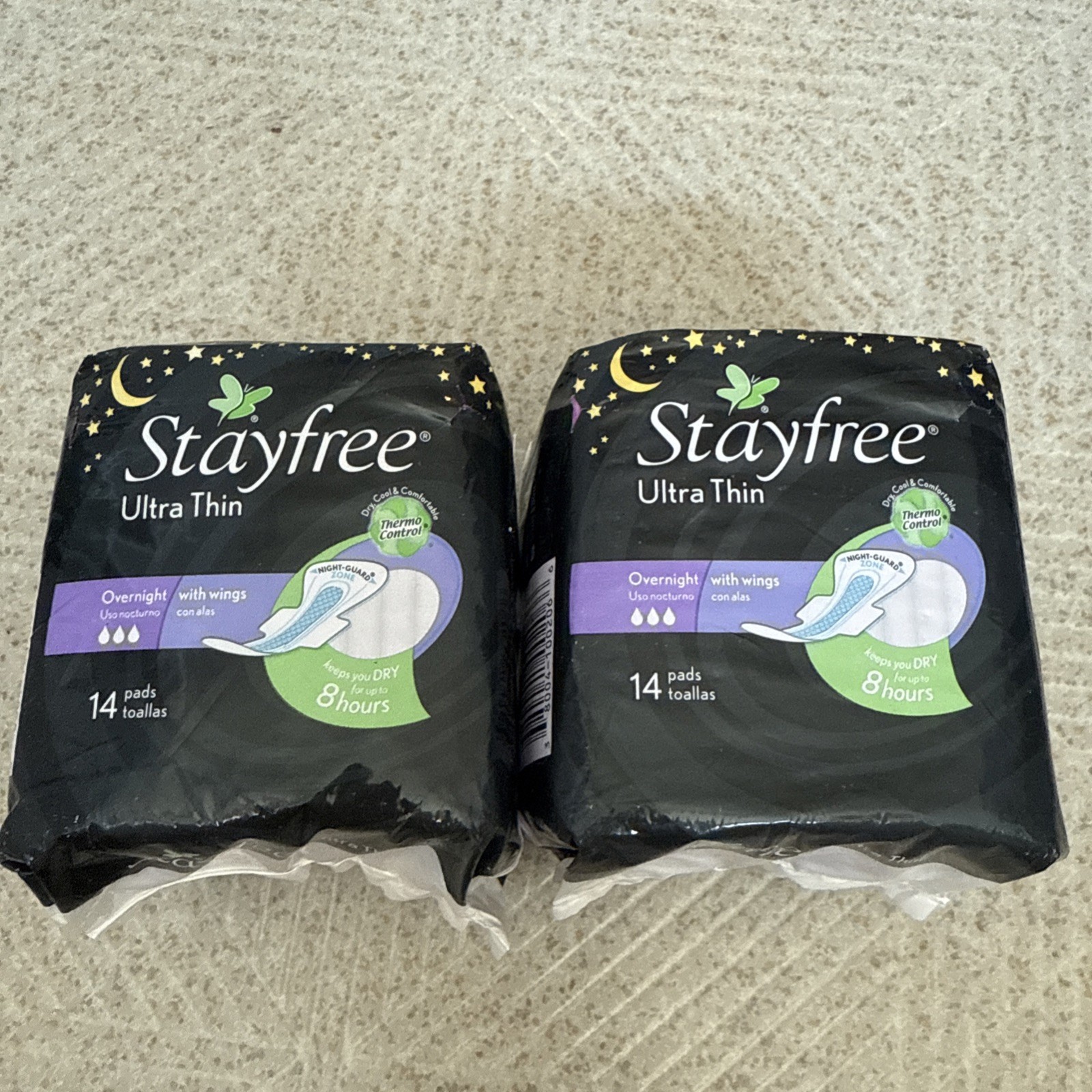 Lot of 2 Stayfree Ultra Thin Overnight Pads with Wings 8 Hours Dry 14 Pads Each