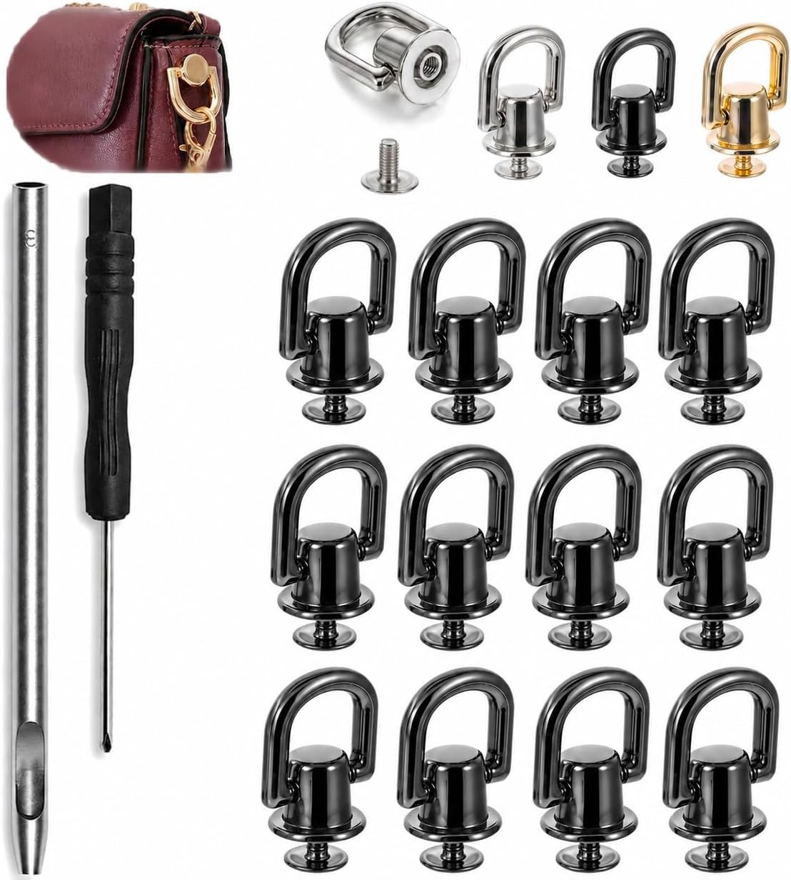 D Ring Stud Rivets for Purse, 360° Rotatable Bag Strap Connector Hardware