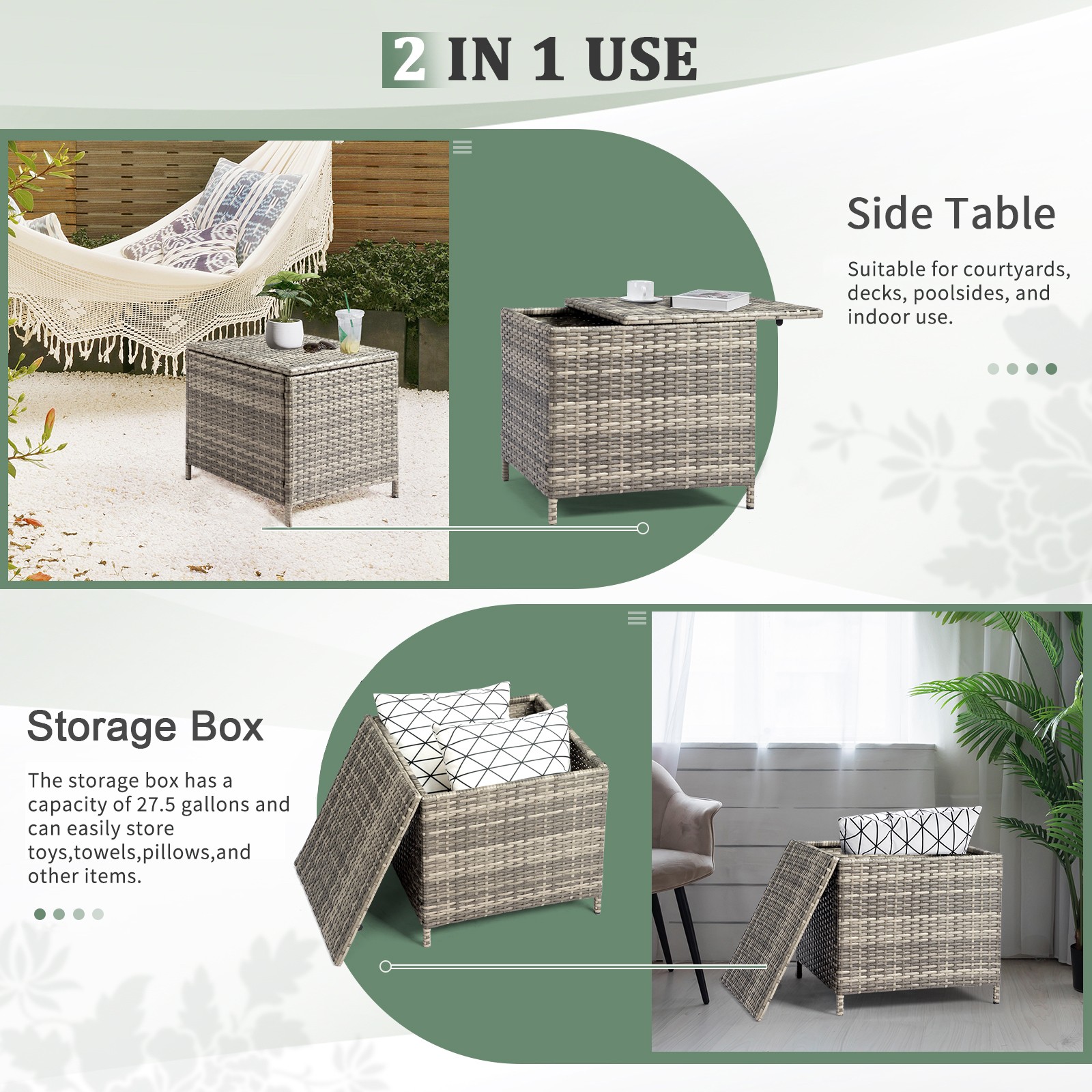 Outdoor PE Wicker Side Table with Storage, Patio Rattan End Table Square, Grey