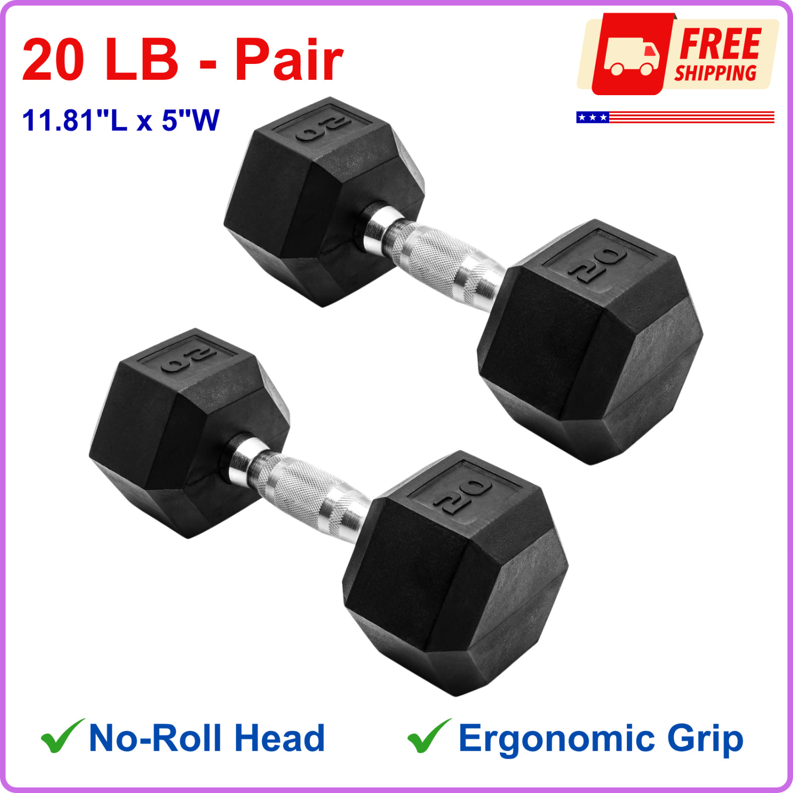 CAP Barbell, 20lb Coated Rubber Hex Dumbbell, Set of 2, Non-Slip Grip, Durable