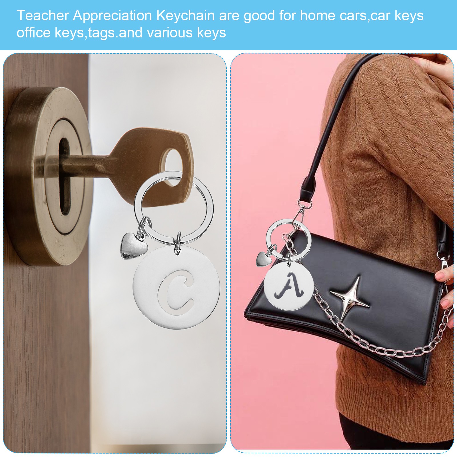 Initial Letter KeyChain, Disc Letter A-Z Heart Charm Keyring, Silver (P)
